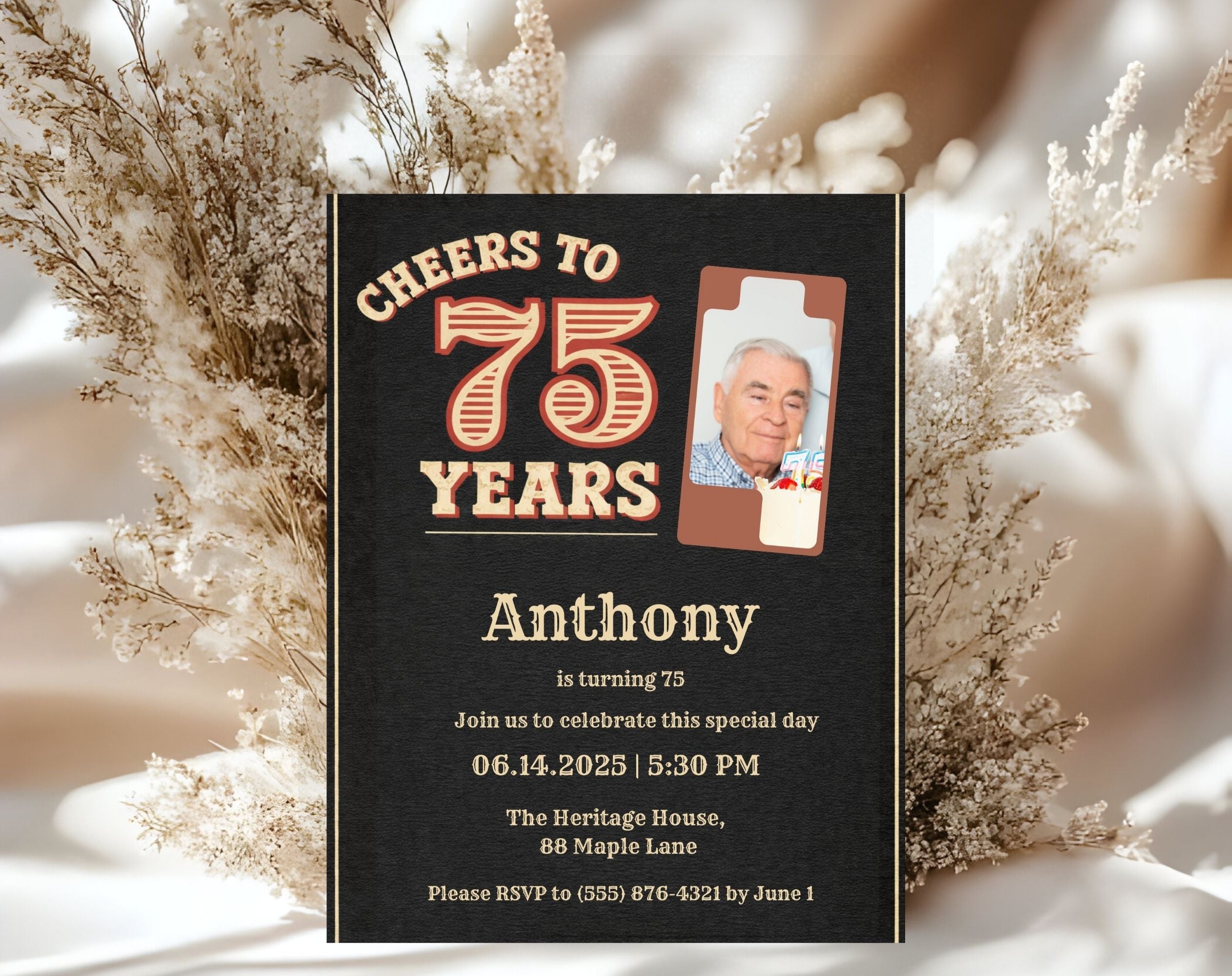 Vintage Black 75th Birthday Invitation