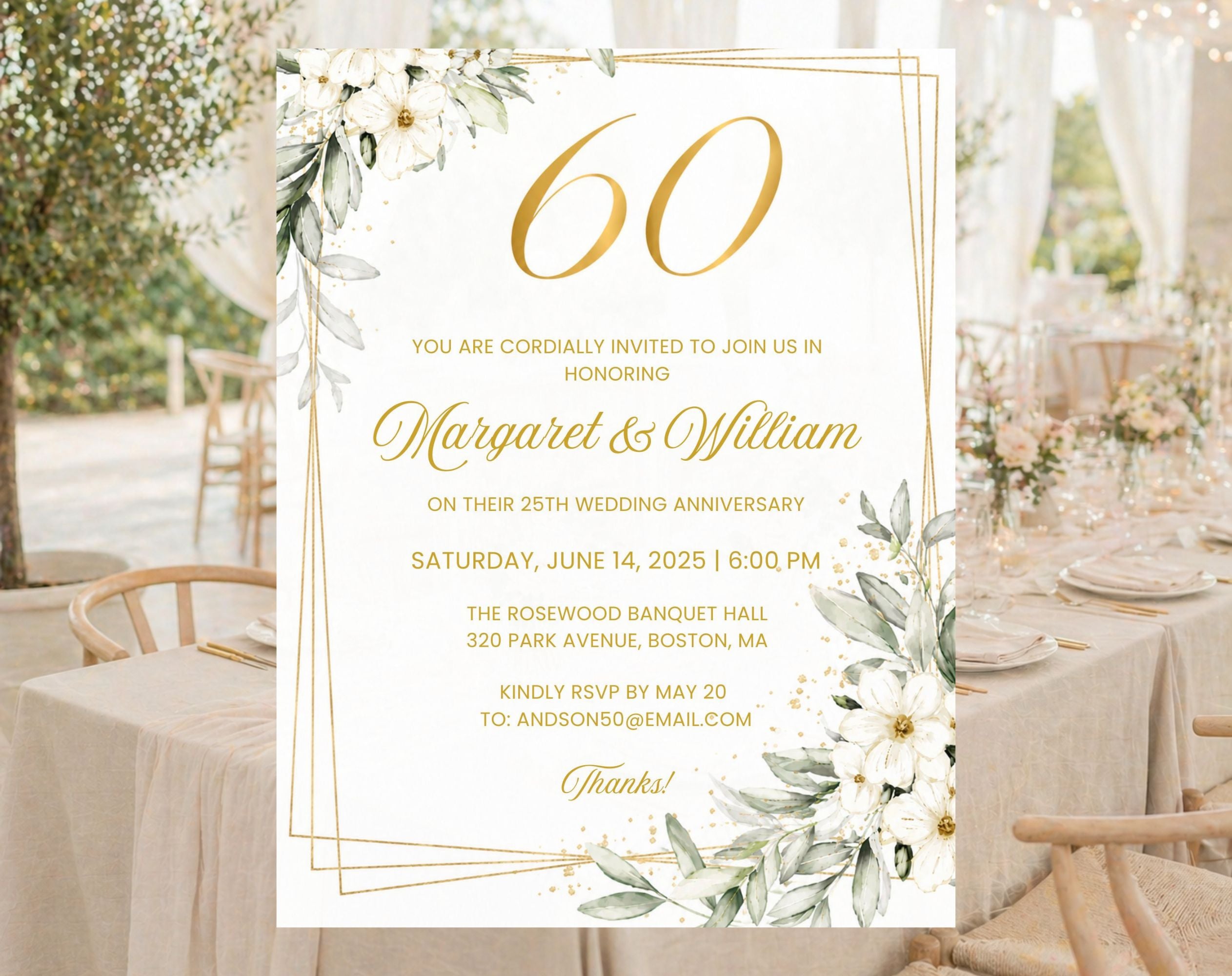 White Gold Floral 60th Wedding Anniversary Invitation