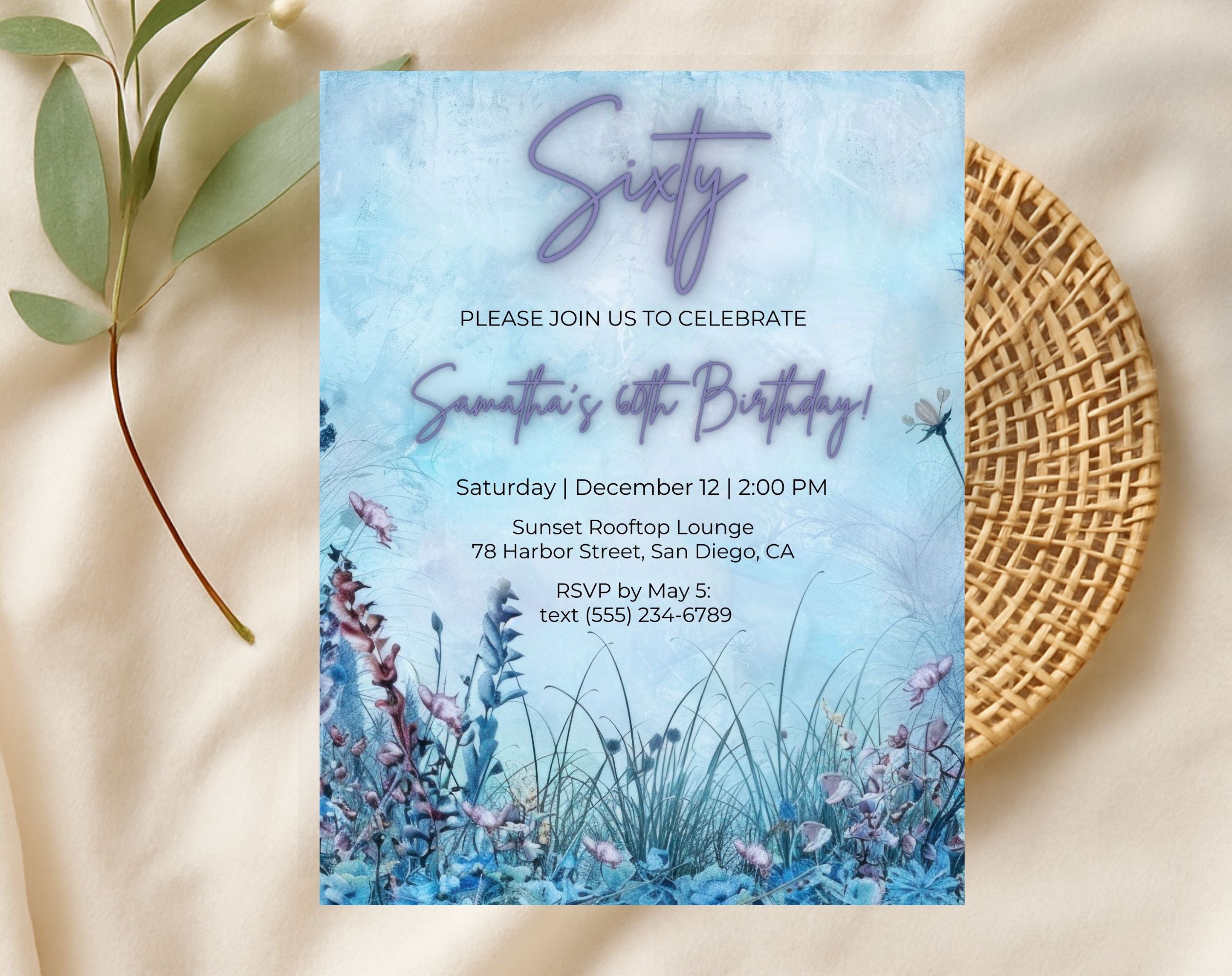 Blue Floral Elegant 60th Birthday Invitation