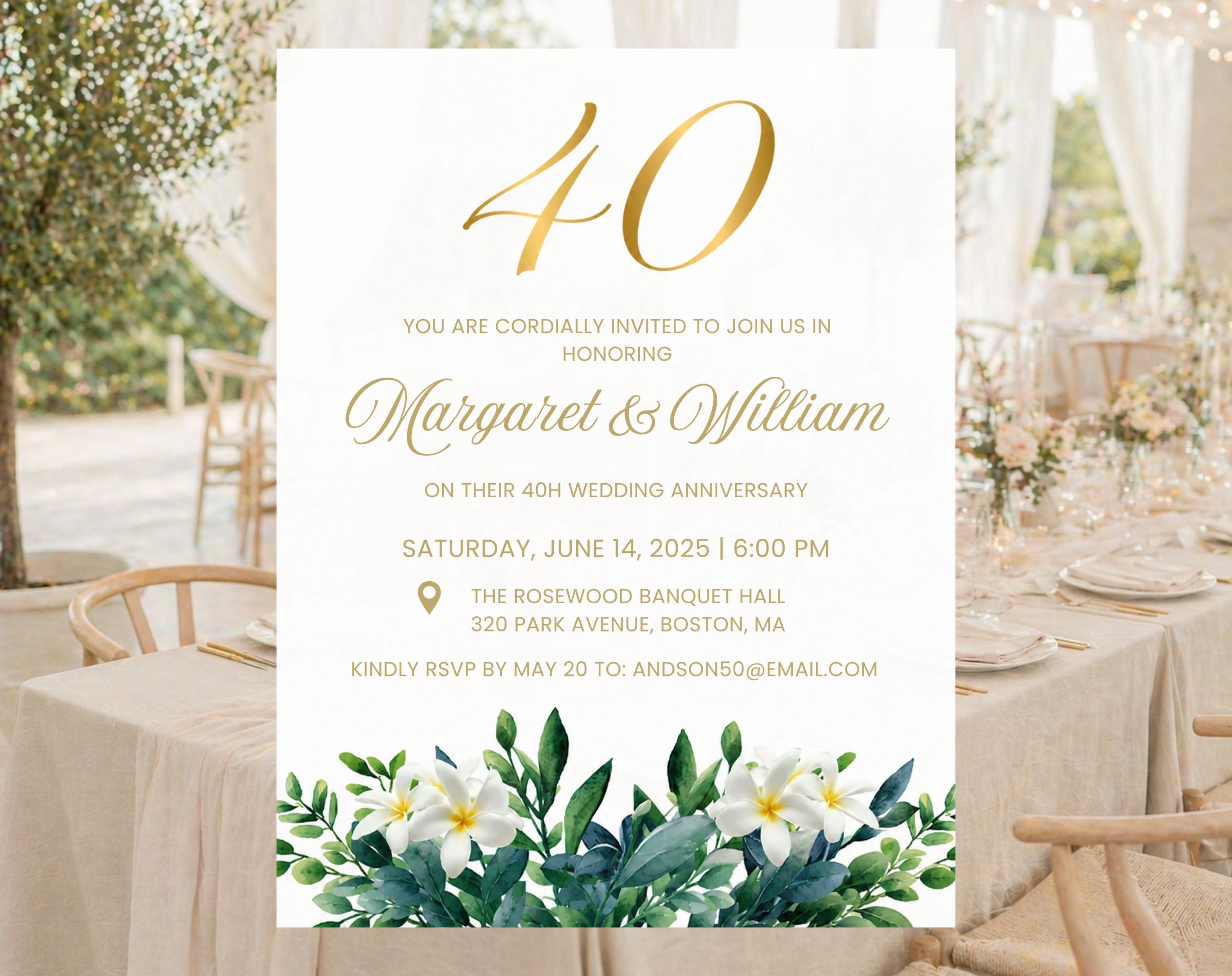 40th White Gold Wedding Anniversary Invitation