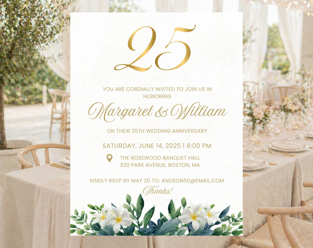 25th White Gold Wedding Anniversary Invitation
