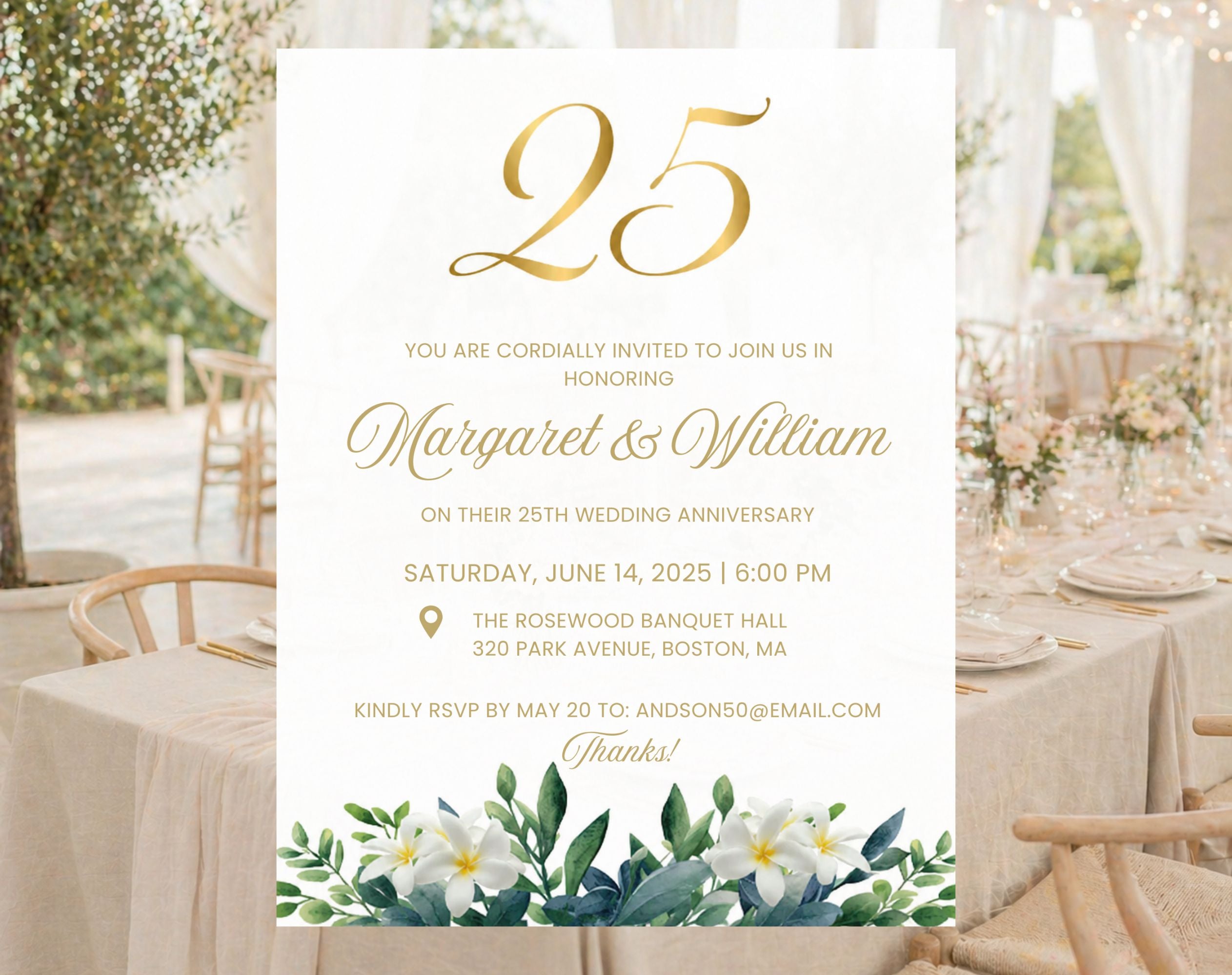 25th White Gold Wedding Anniversary Invitation