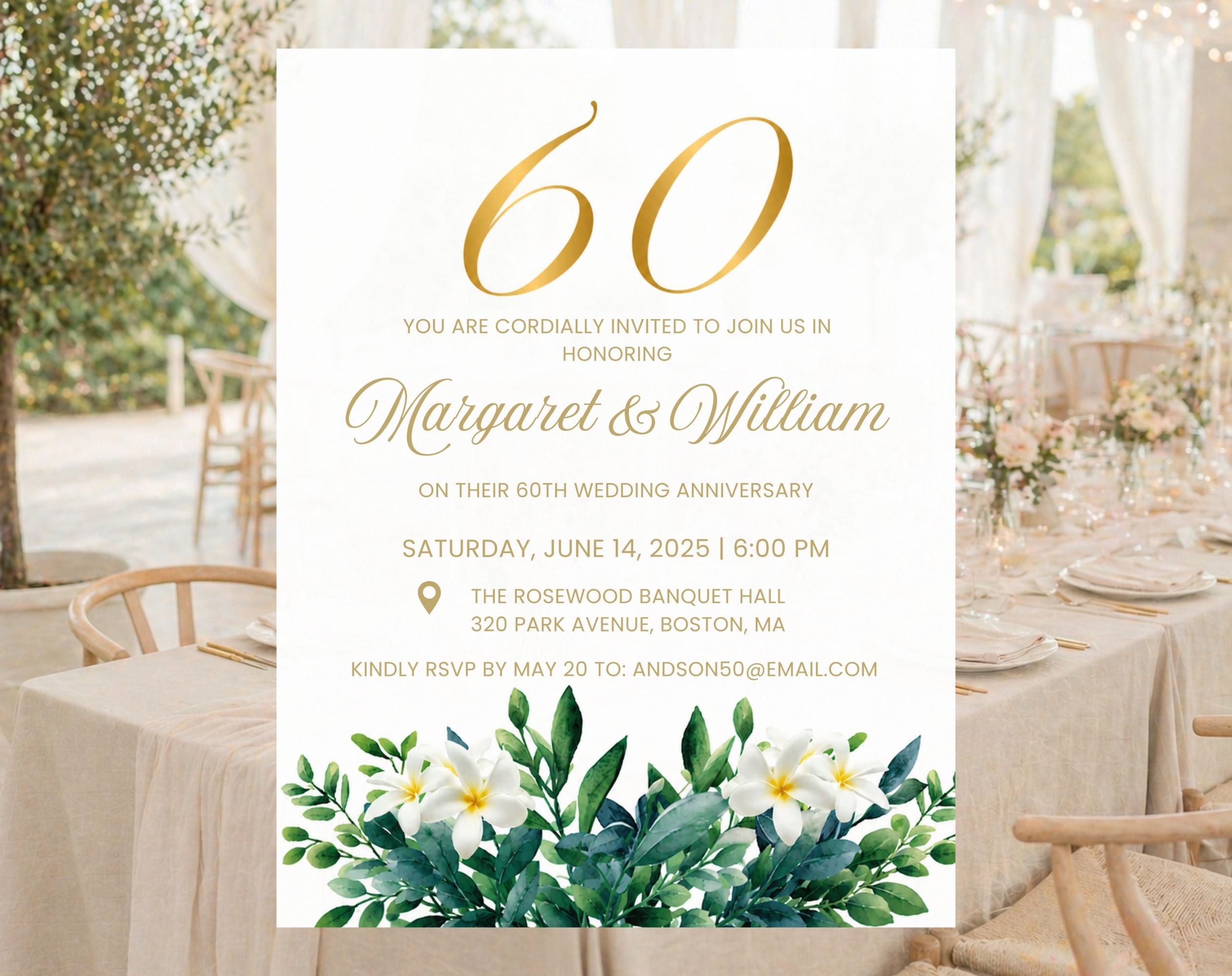60th White Gold Wedding Anniversary Invitation
