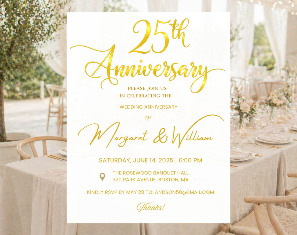 Golden 25th  Wedding Anniversary Invite White Gold