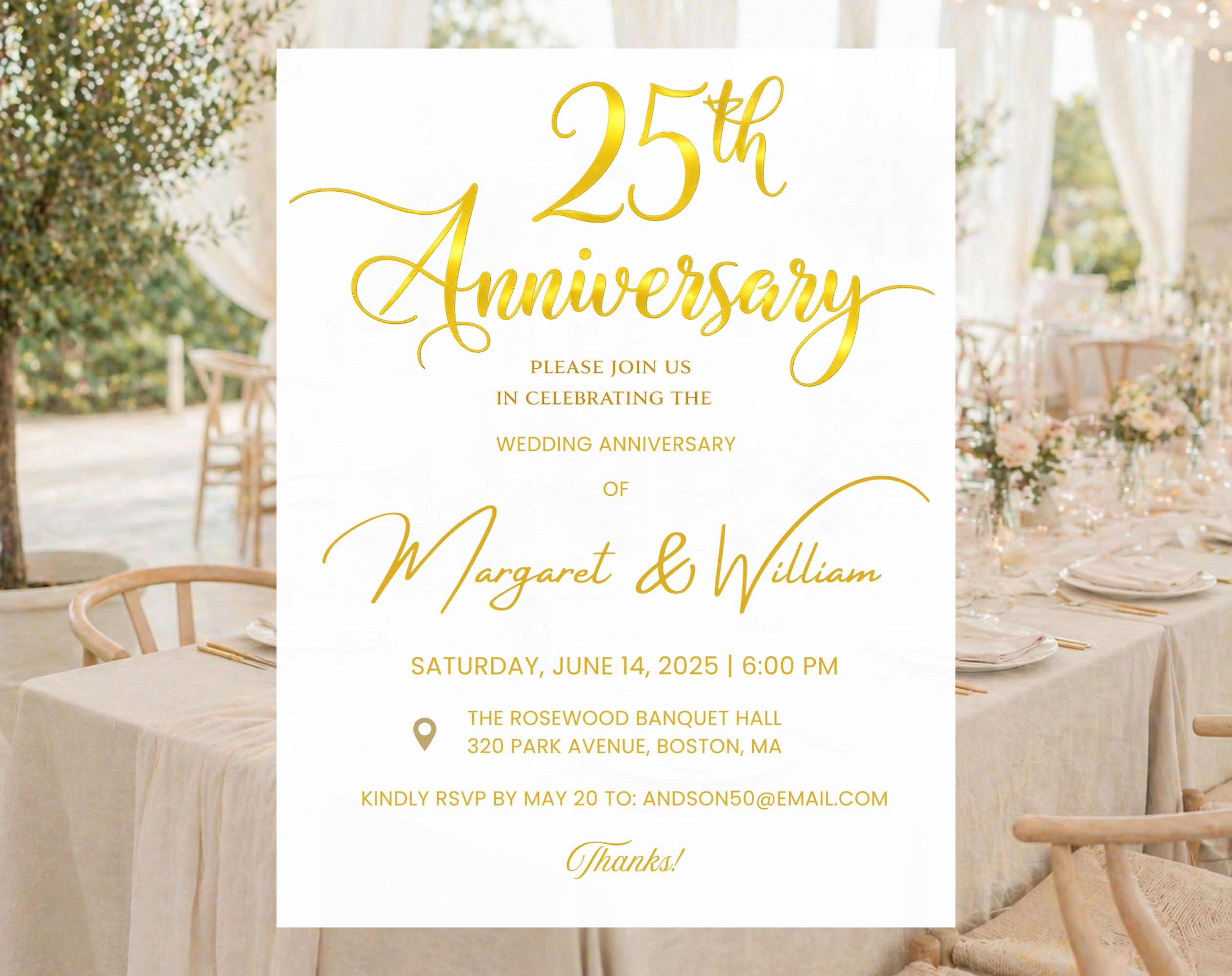Golden 25th  Wedding Anniversary Invite White Gold