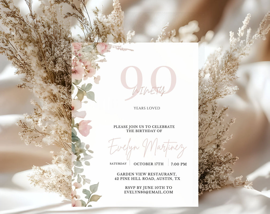 Blush Pink and Green Floral  90th Birthday Invitation
