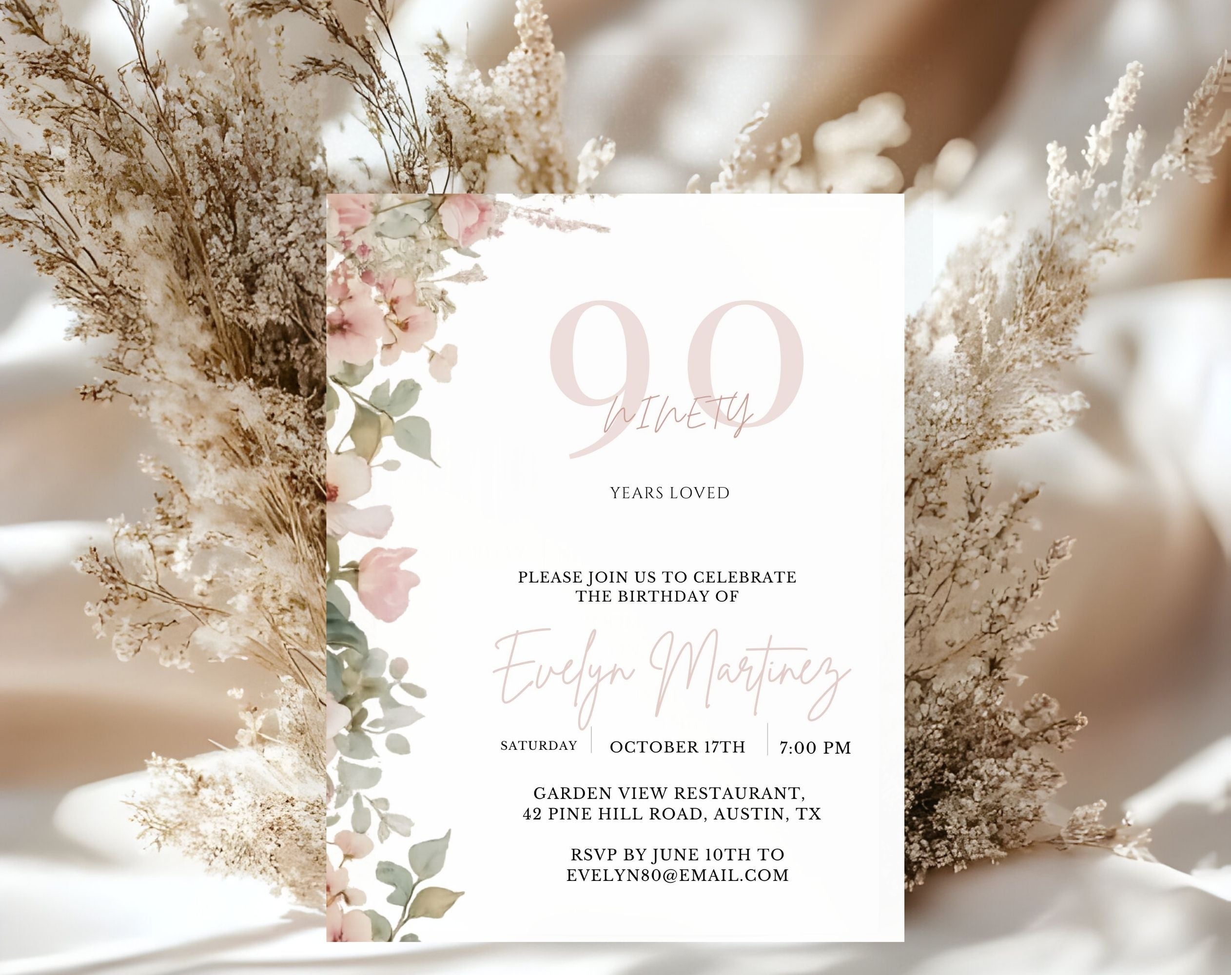 Blush Pink and Green Floral  90th Birthday Invitation