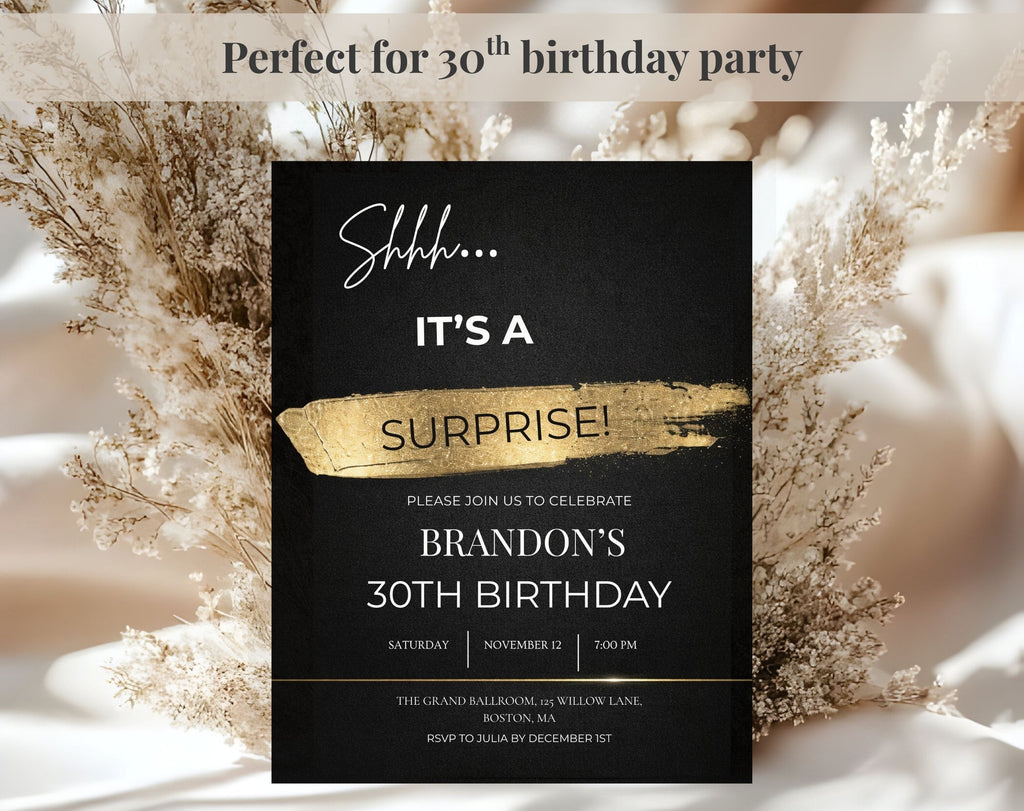30th gold black Birthday Party Invitation