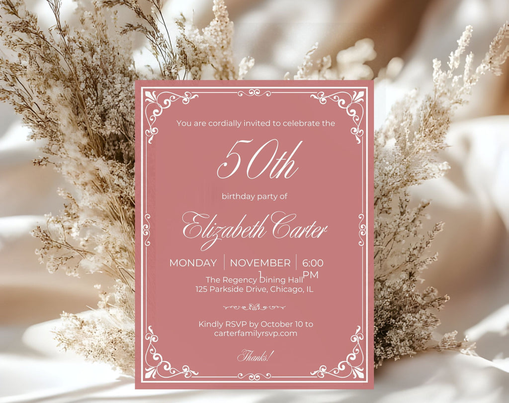Dusty Rose Pink 50th Birthday Invitation