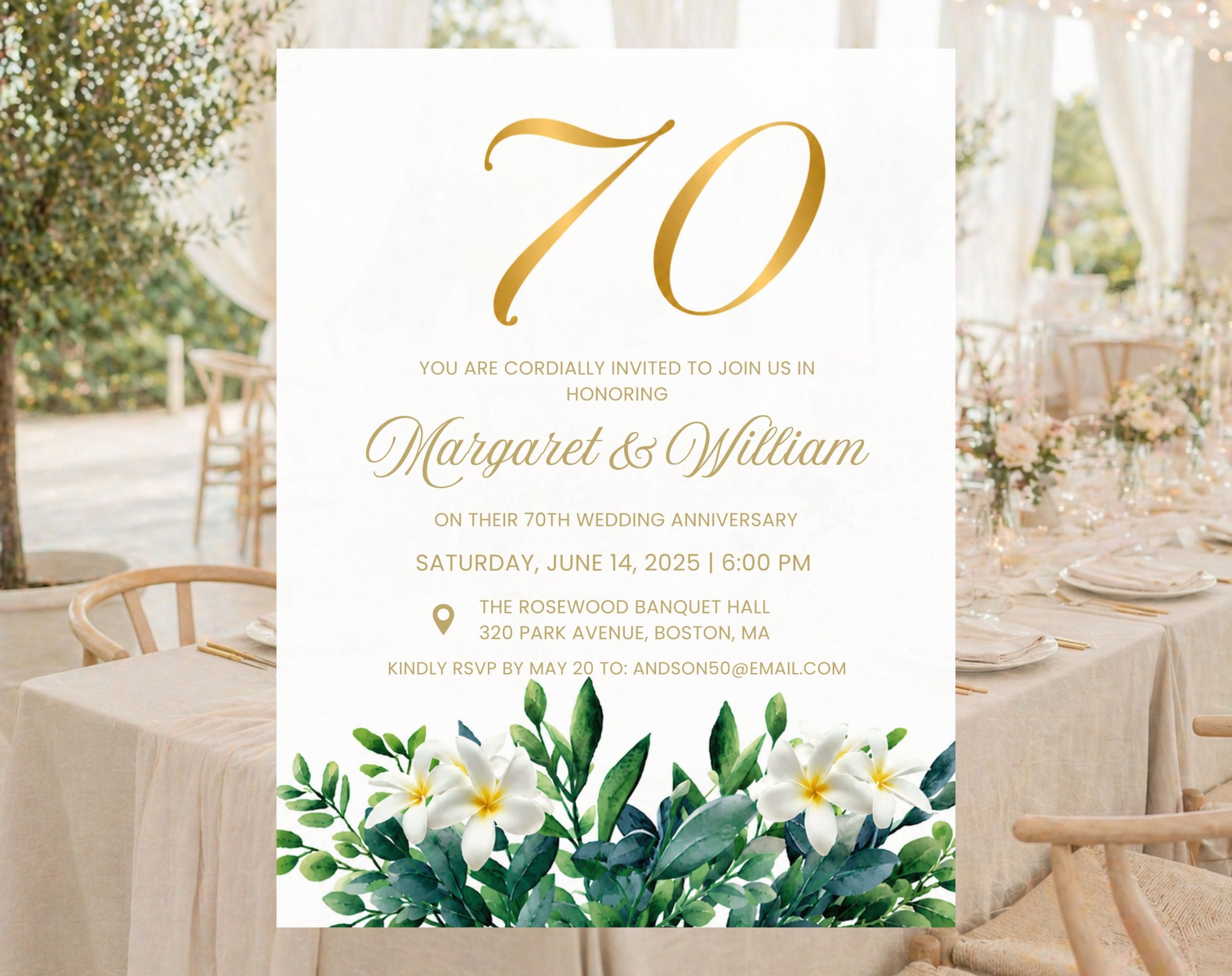 70th White Gold Wedding Anniversary Invitation