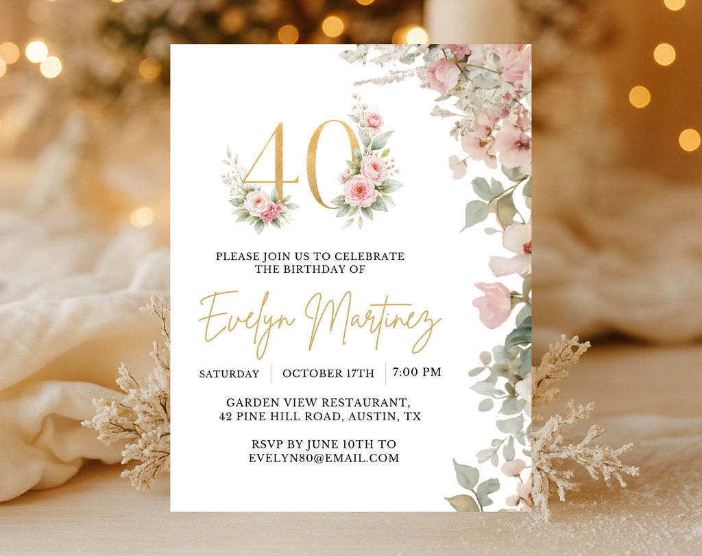 Elegant Floral 40th Birthday Invitation