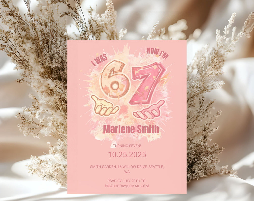 six seven Pink Kids 7th Birthday Invitation