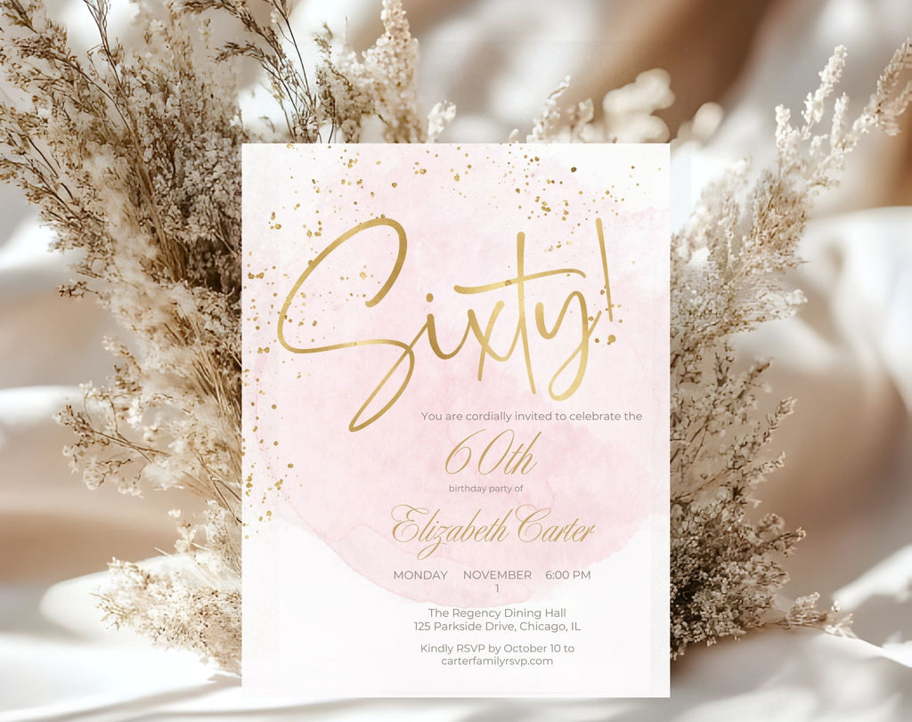Elegant Blush Pink Golden 60th Birthday Invitation