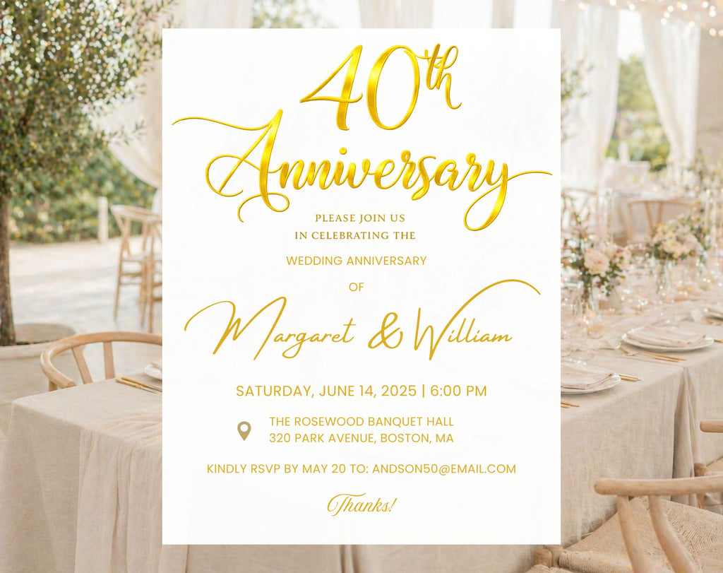Golden 40th  Wedding Anniversary Invite White Gold