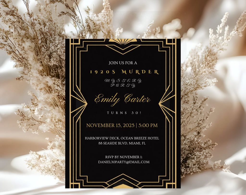 Black and Gold 1920s Murder Mystery 30th Birthday Invitation