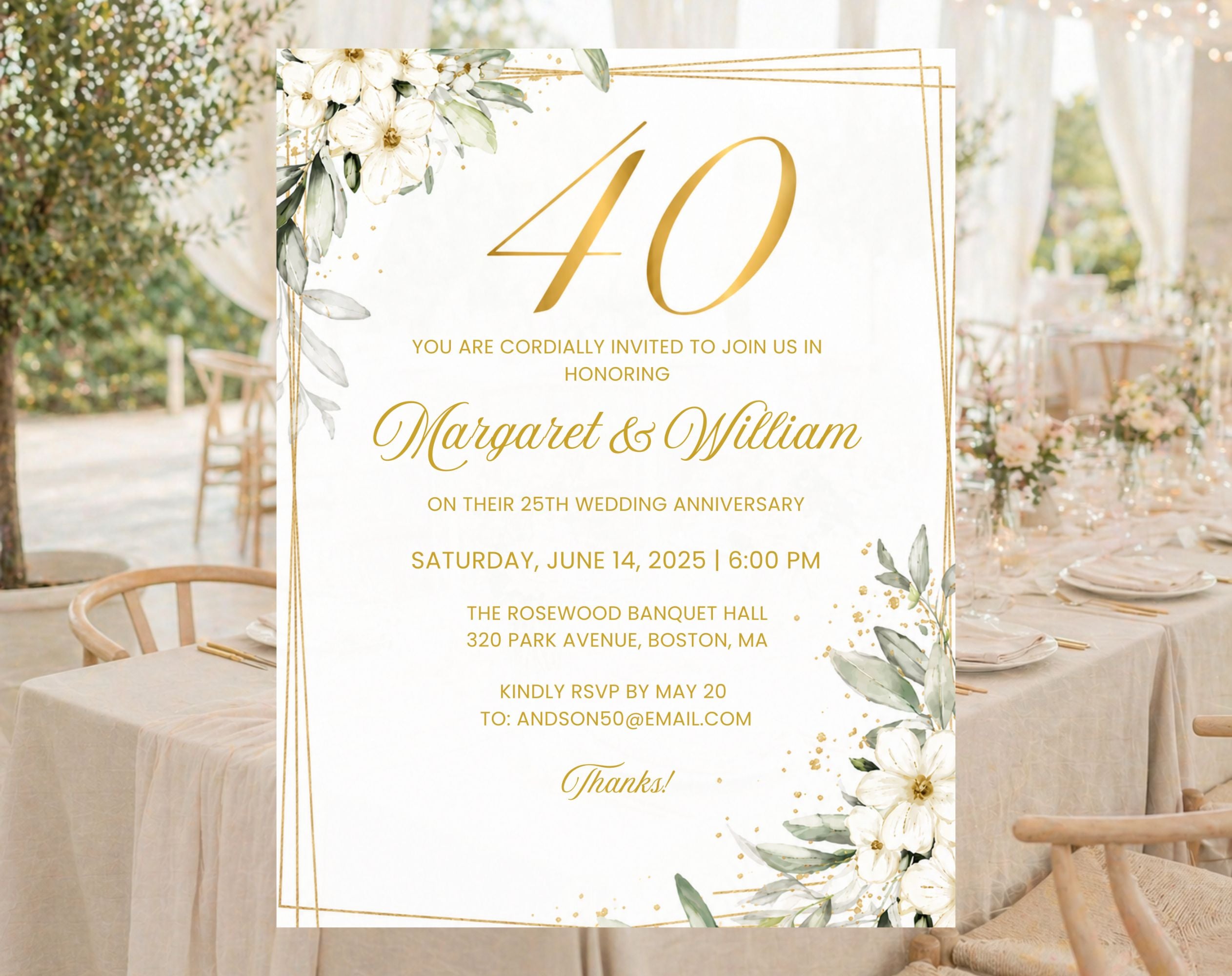 White Gold Floral 40th Wedding Anniversary Invitation