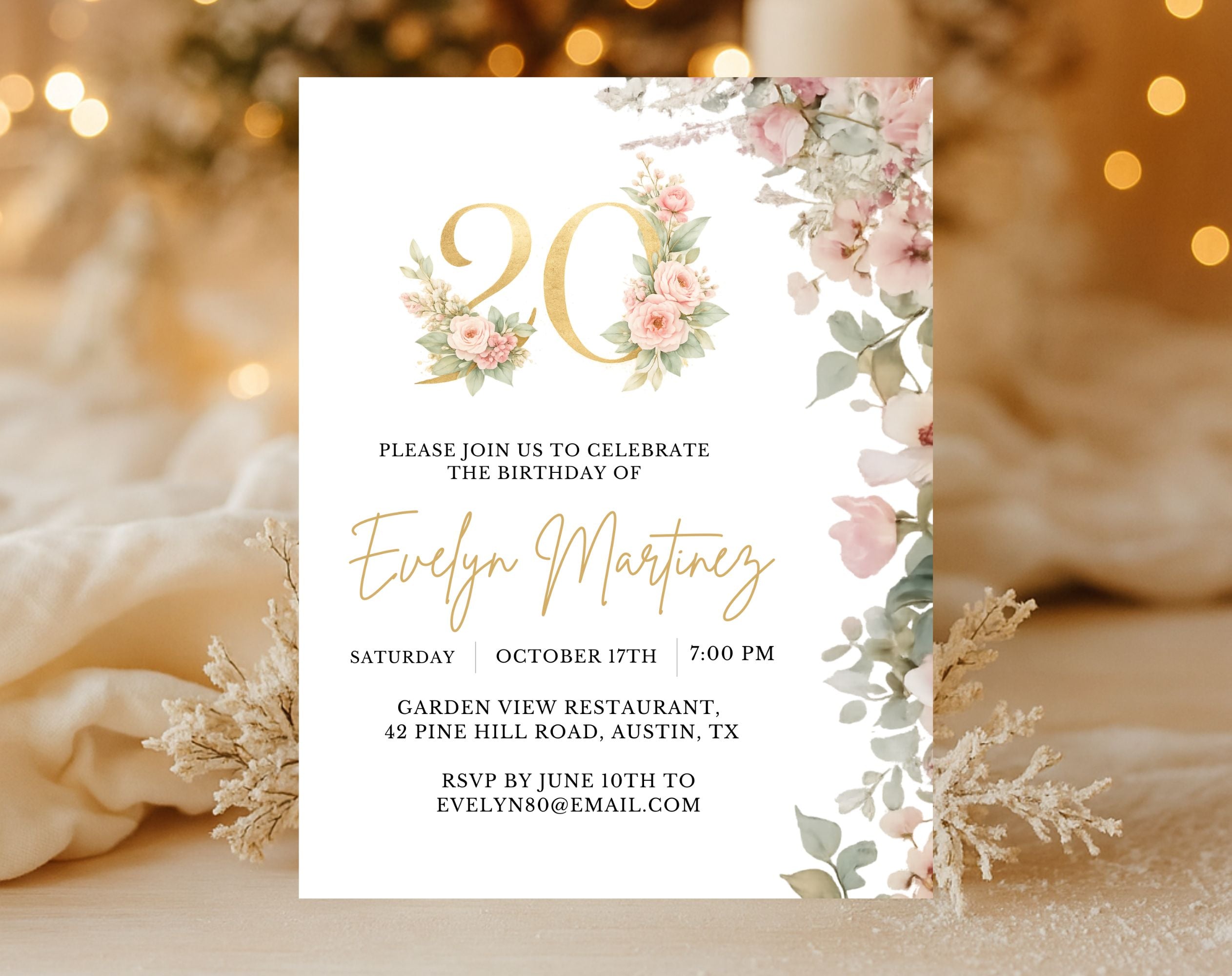 Elegant Floral 20th Birthday Invitation