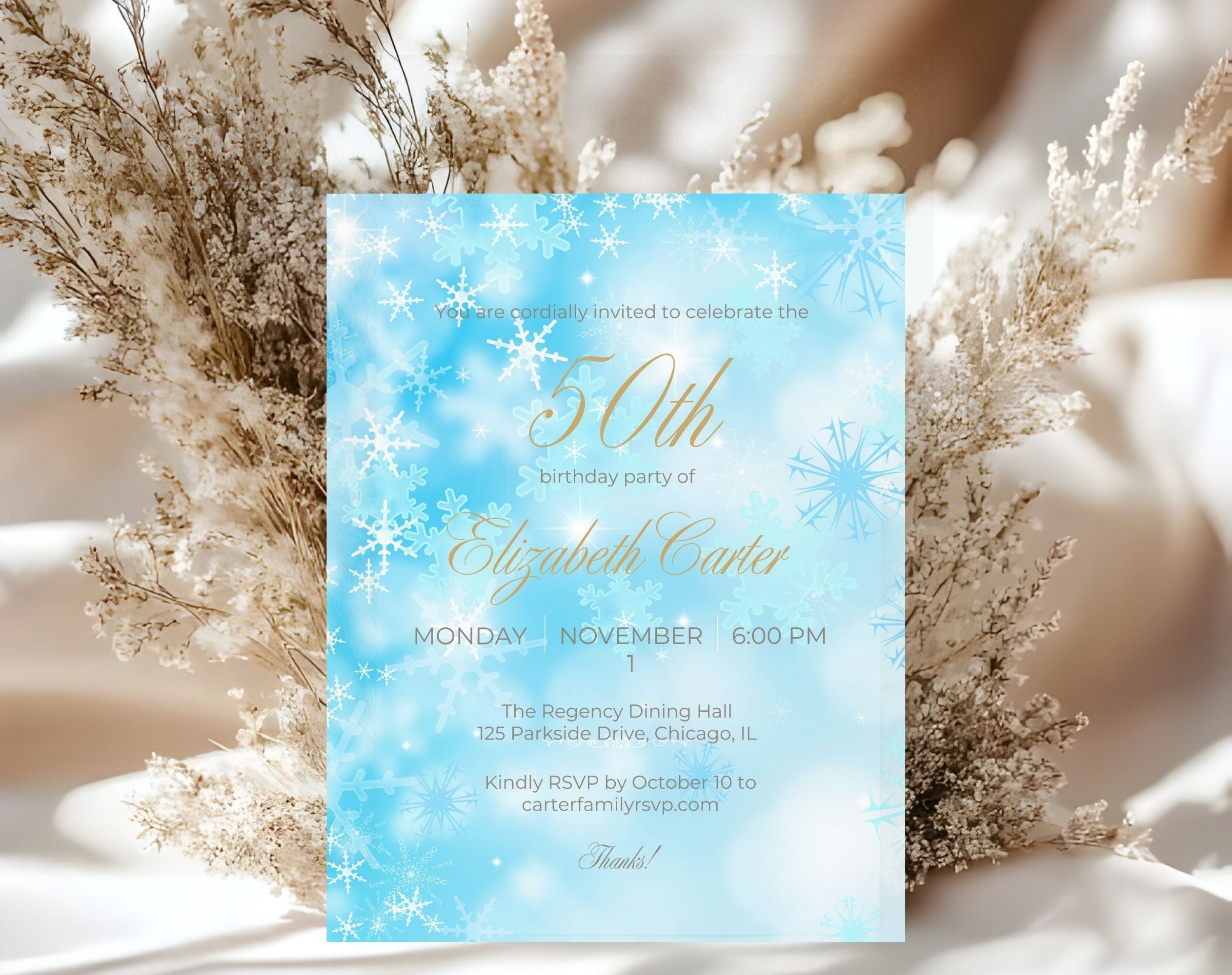 Winter Birthday Invitation Blue Snowflake 50th Party Invite Editable Template Evite Instant Download