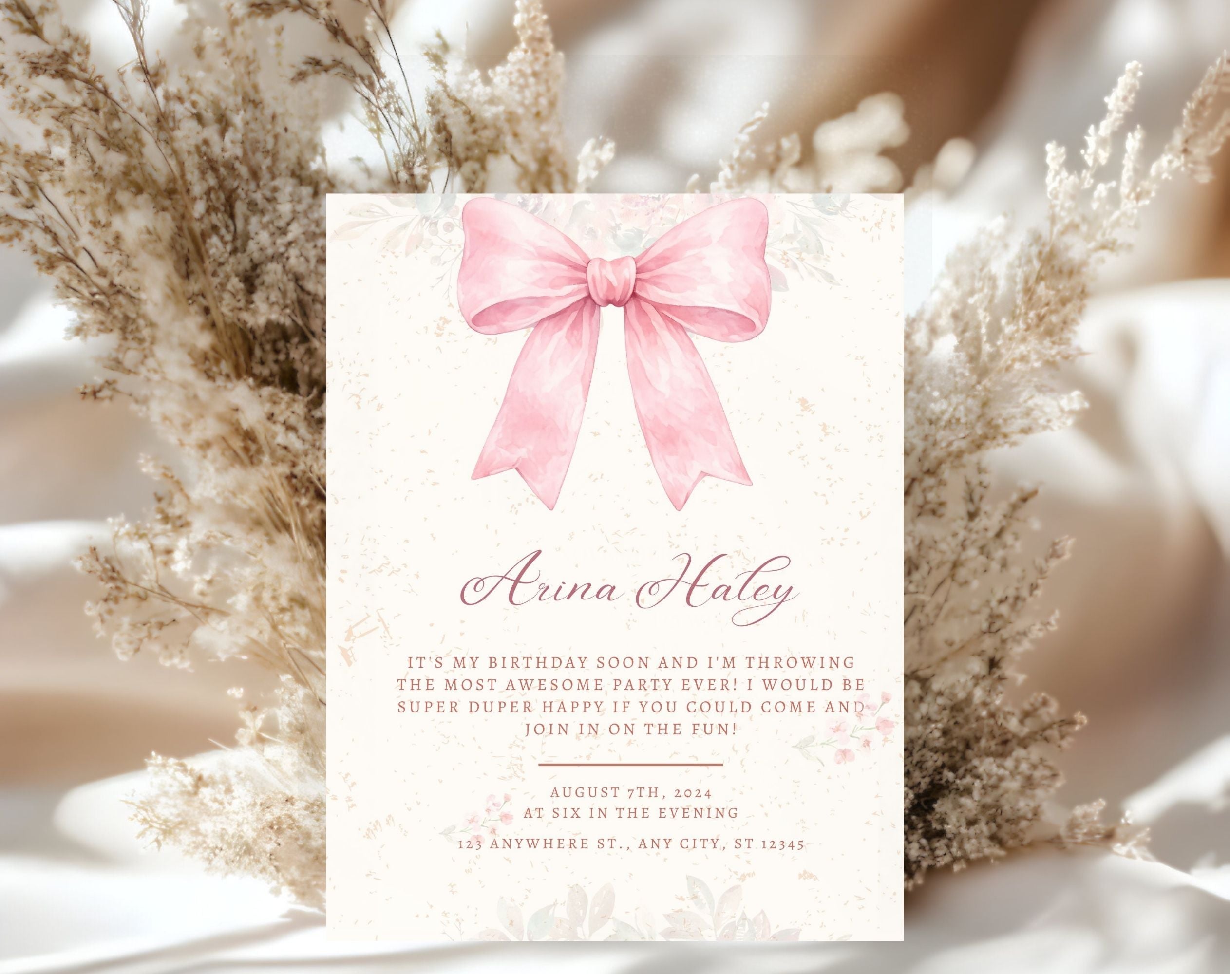 Pink Bow Birthday Invitation