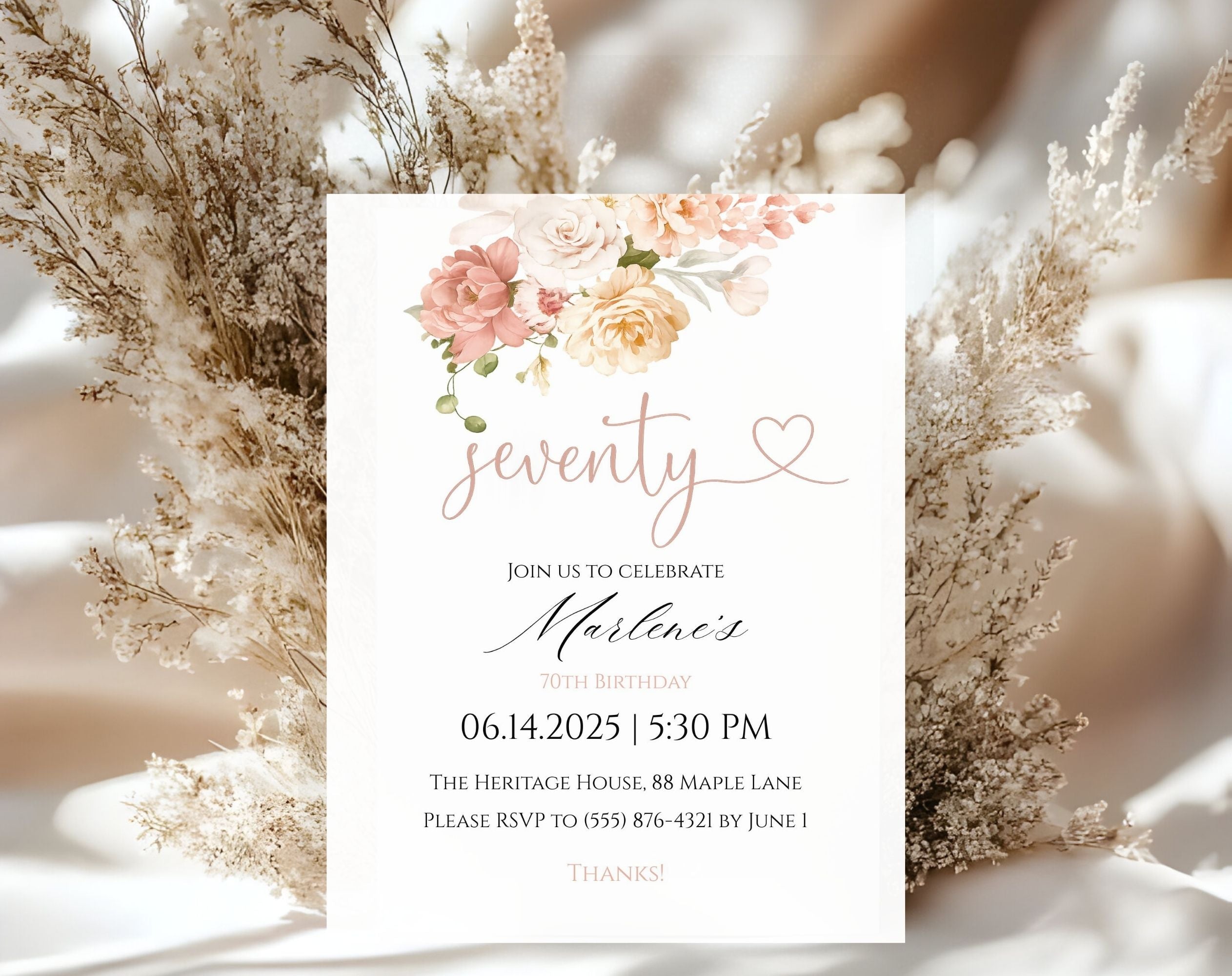 White Elegant Peach Floral 70th Birthday Invitation