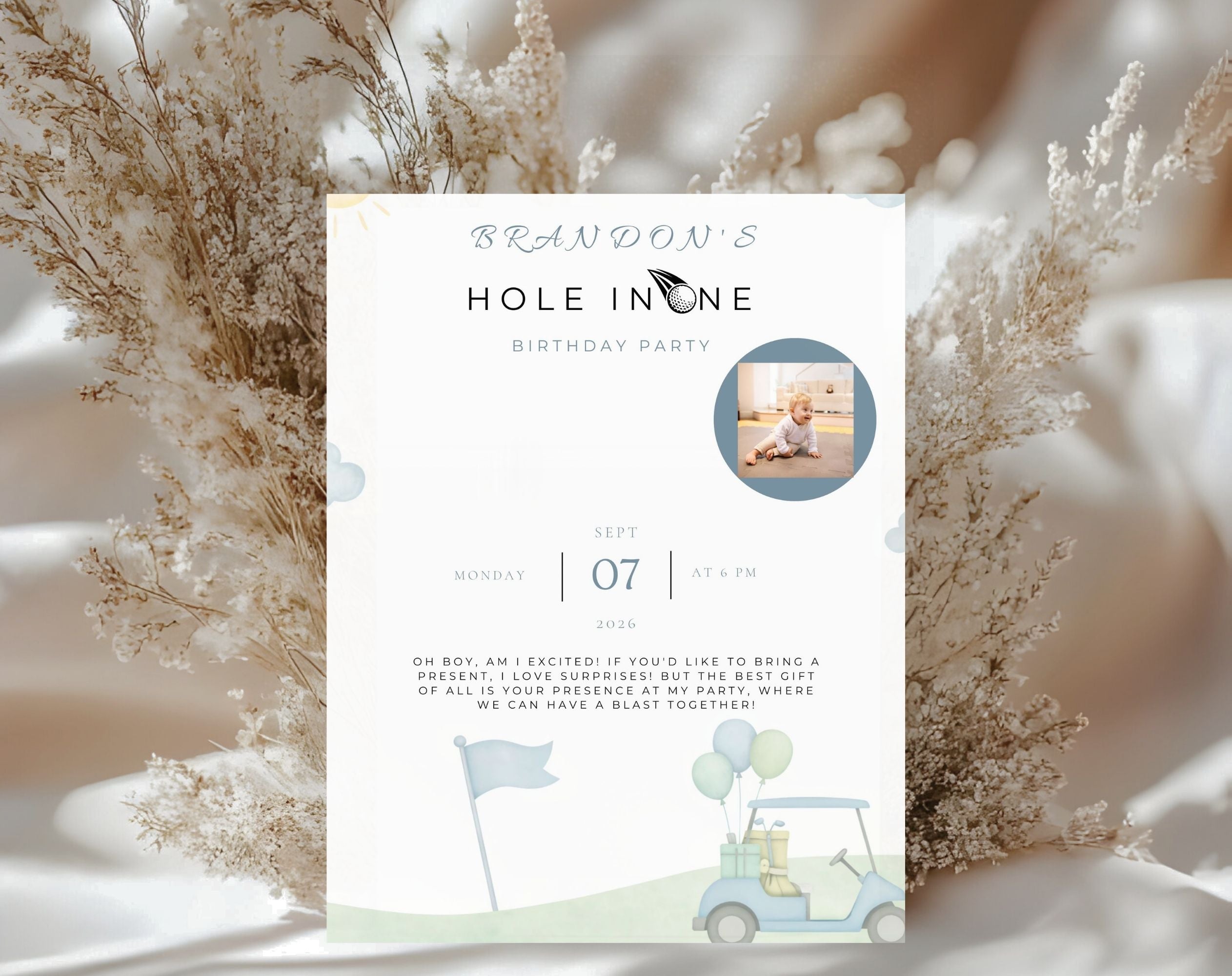 Blue and Green Hole in One Golf First Birthday Invitation