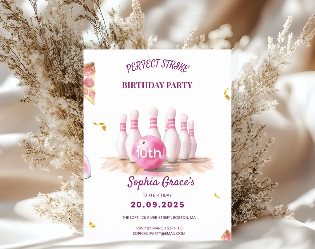 Girls Pink Bowling 10th Birthday Invitation