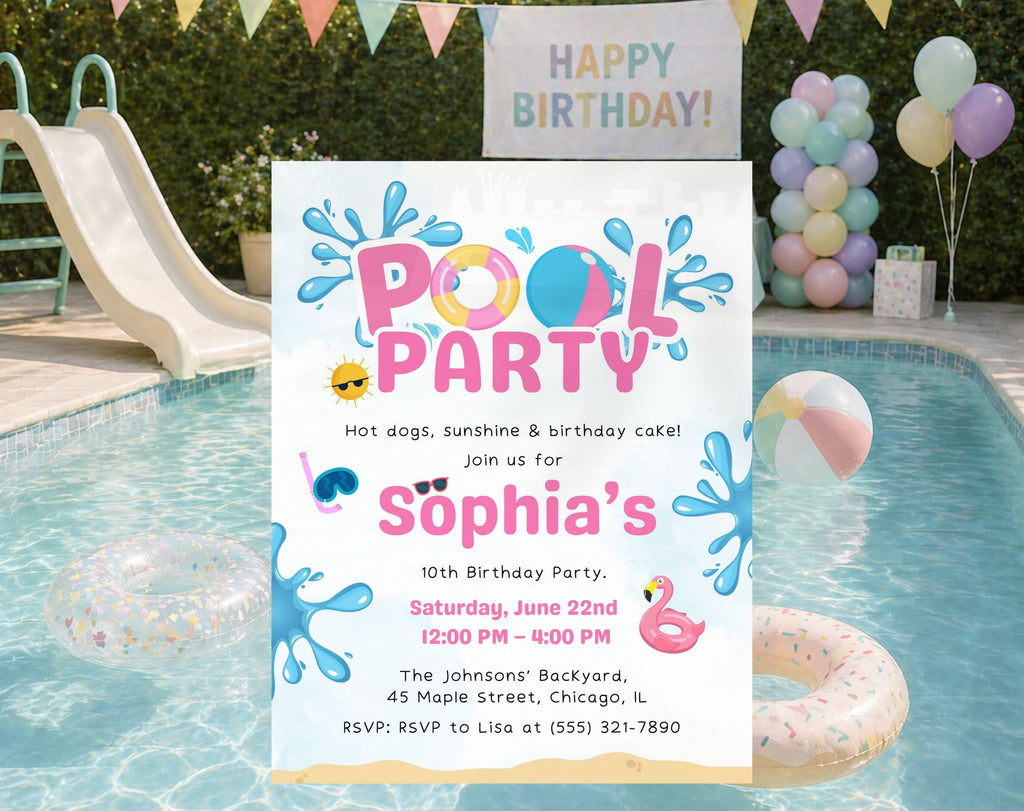 Pink Blue Pool Party 10th birthday Invitation