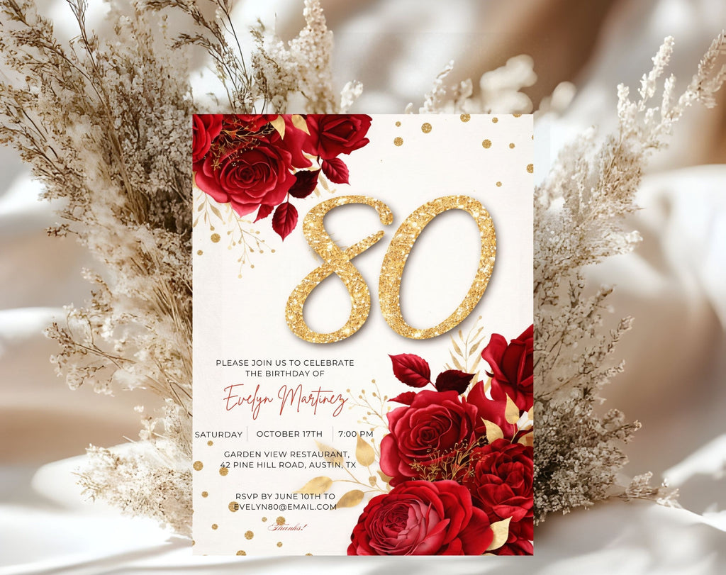 Elegant Floral Red and Gold 80th Birthday Invitation