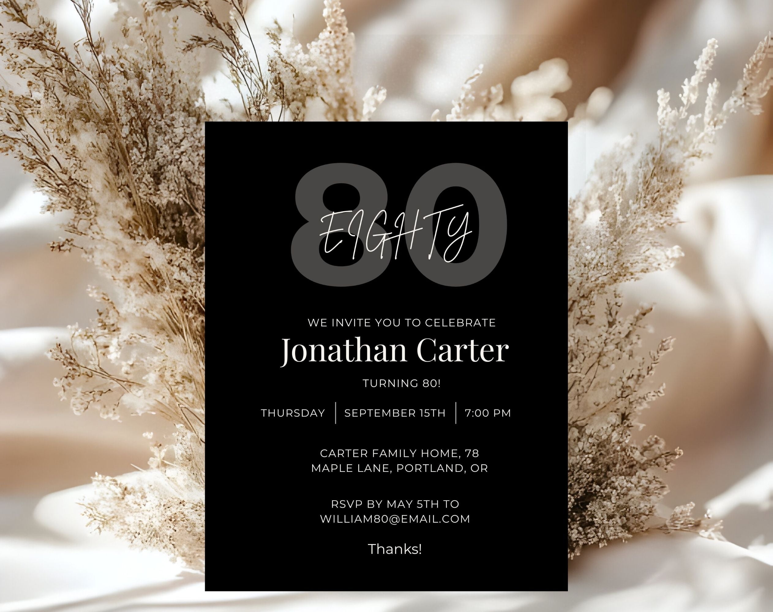 Black 80th Birthday Invitation Template