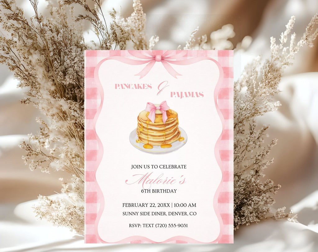 Pink Pancakes and Pajamas 6th Birthday Invitation