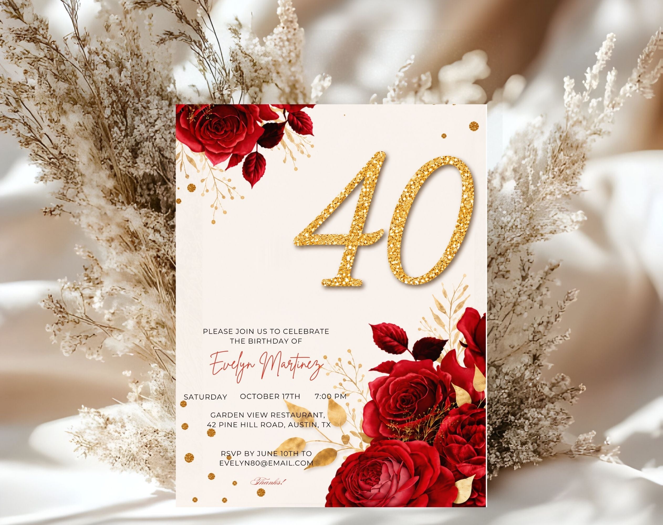 Elegant red rose golden 40th Birthday Invitation