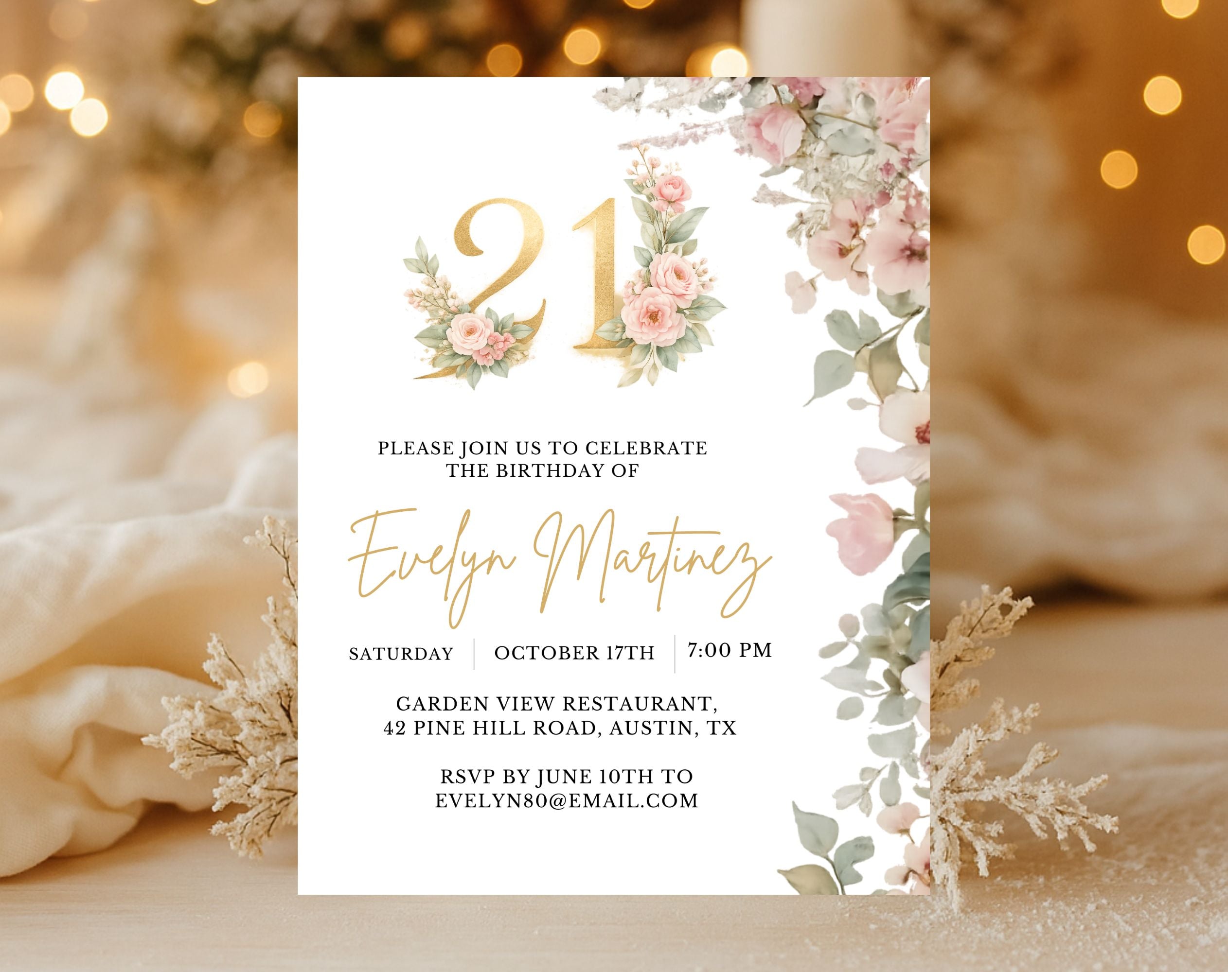 Elegant Floral 21st Birthday Invitation