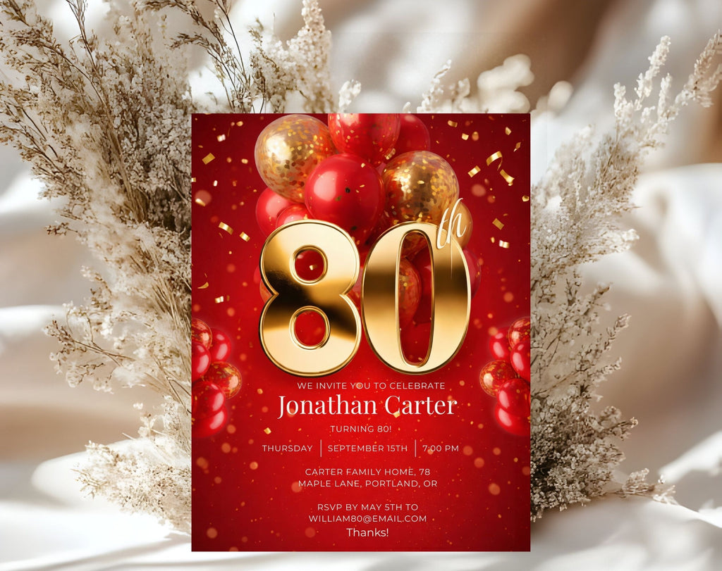 Red Gold 80th Birthday Invitation