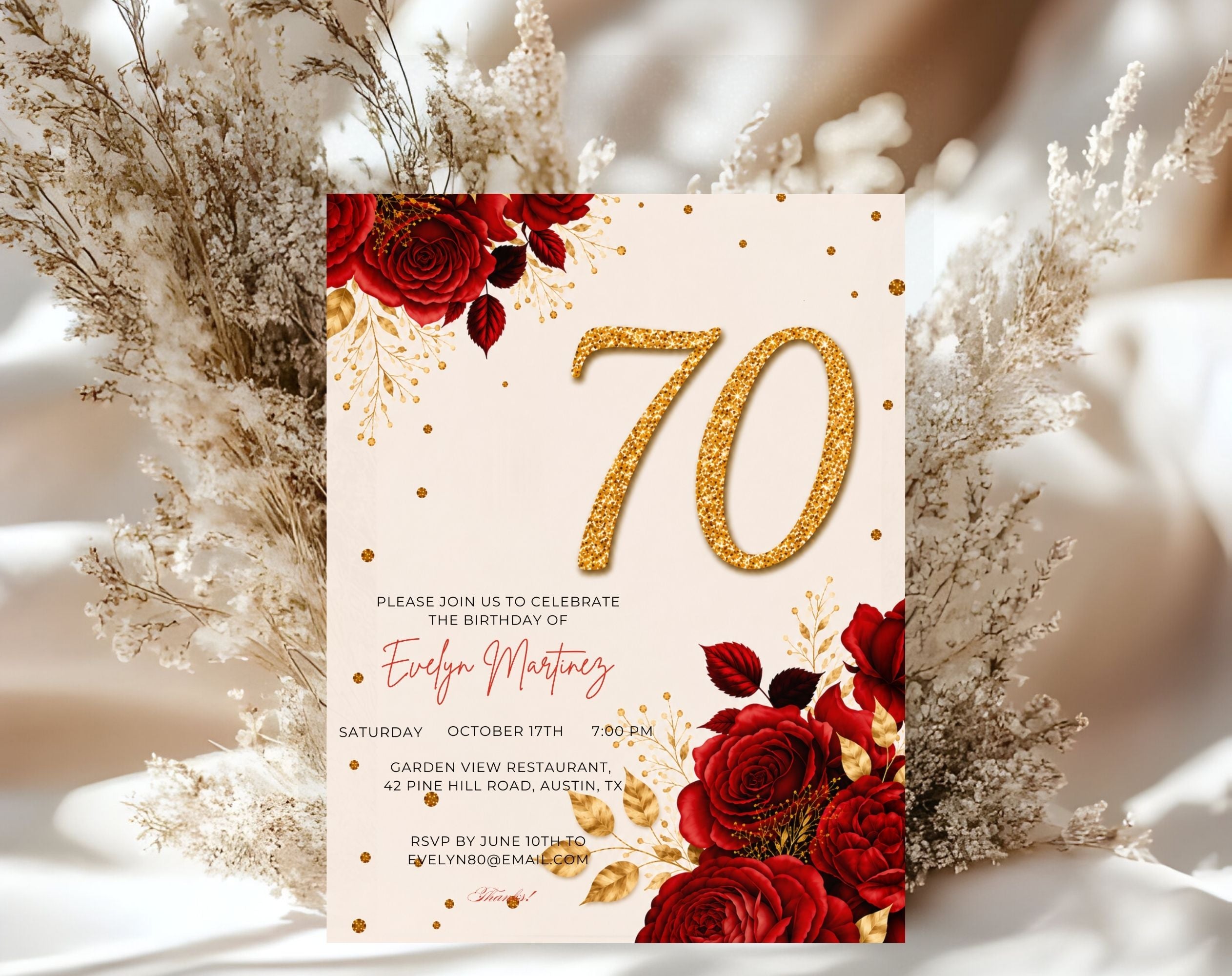 Elegant Red Rose 70th Birthday Invitation