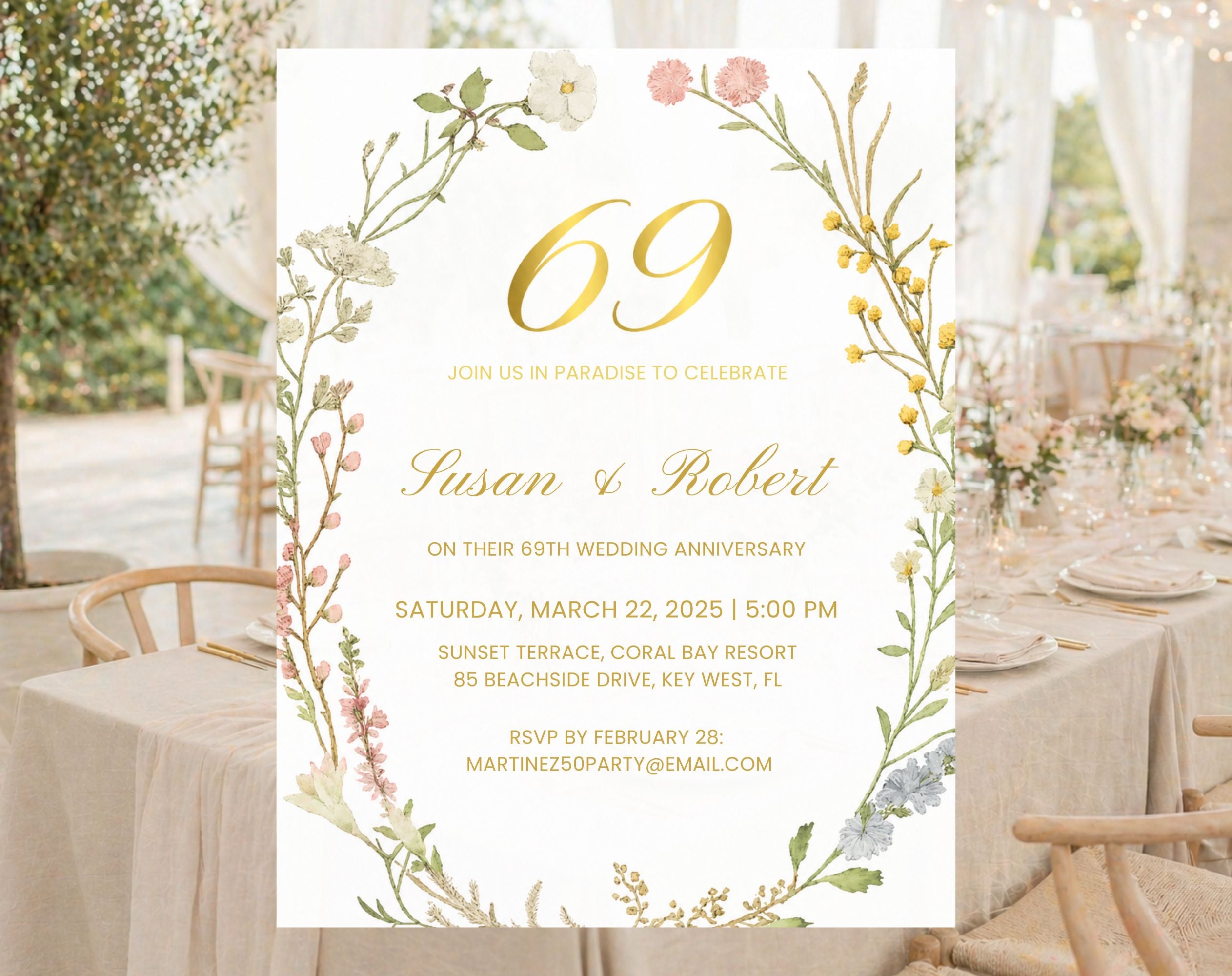 69th gold floral Wedding Anniversary Invitation