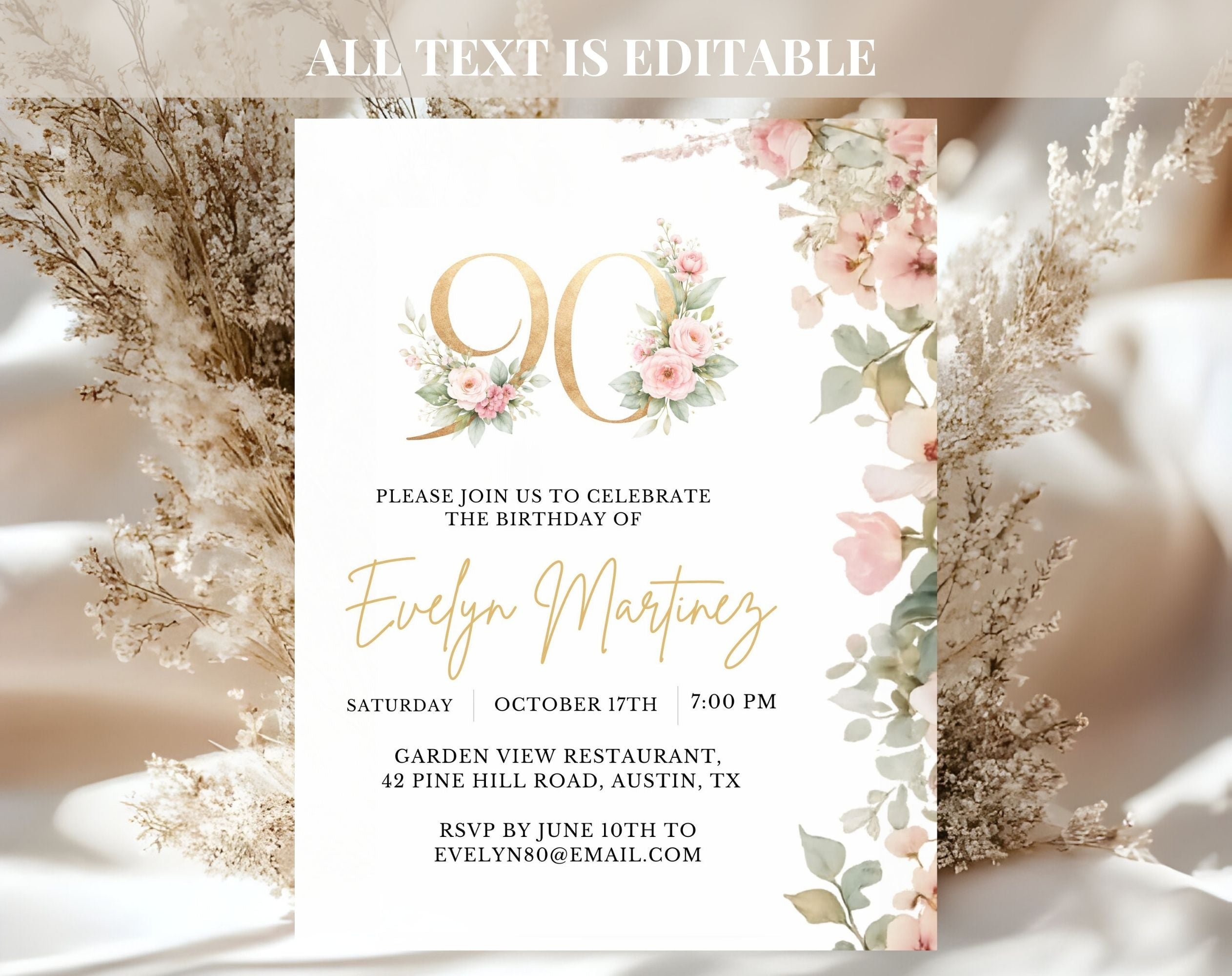 Blush Pink and Gold Floral 90th Birthday Invitation