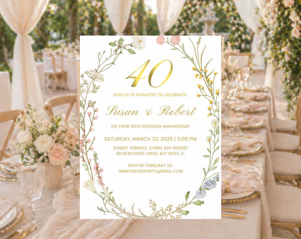 Elegant Floral 40th Wedding Anniversary Invitation