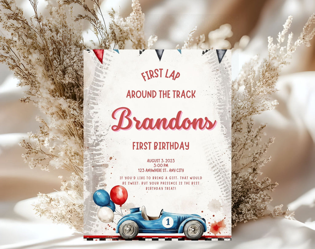 Red Blue Race Car First Birthday Invitation