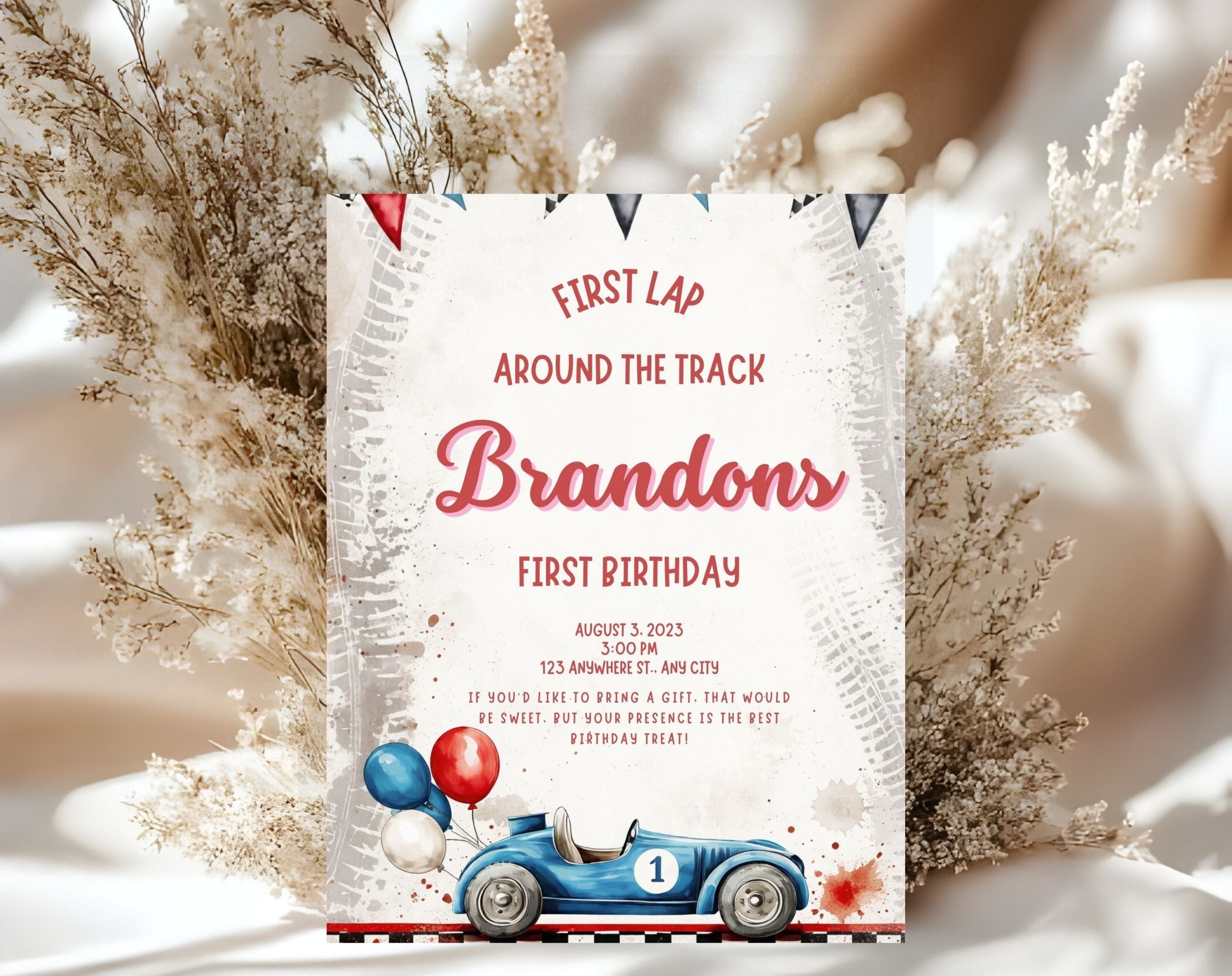 Red Blue Race Car First Birthday Invitation