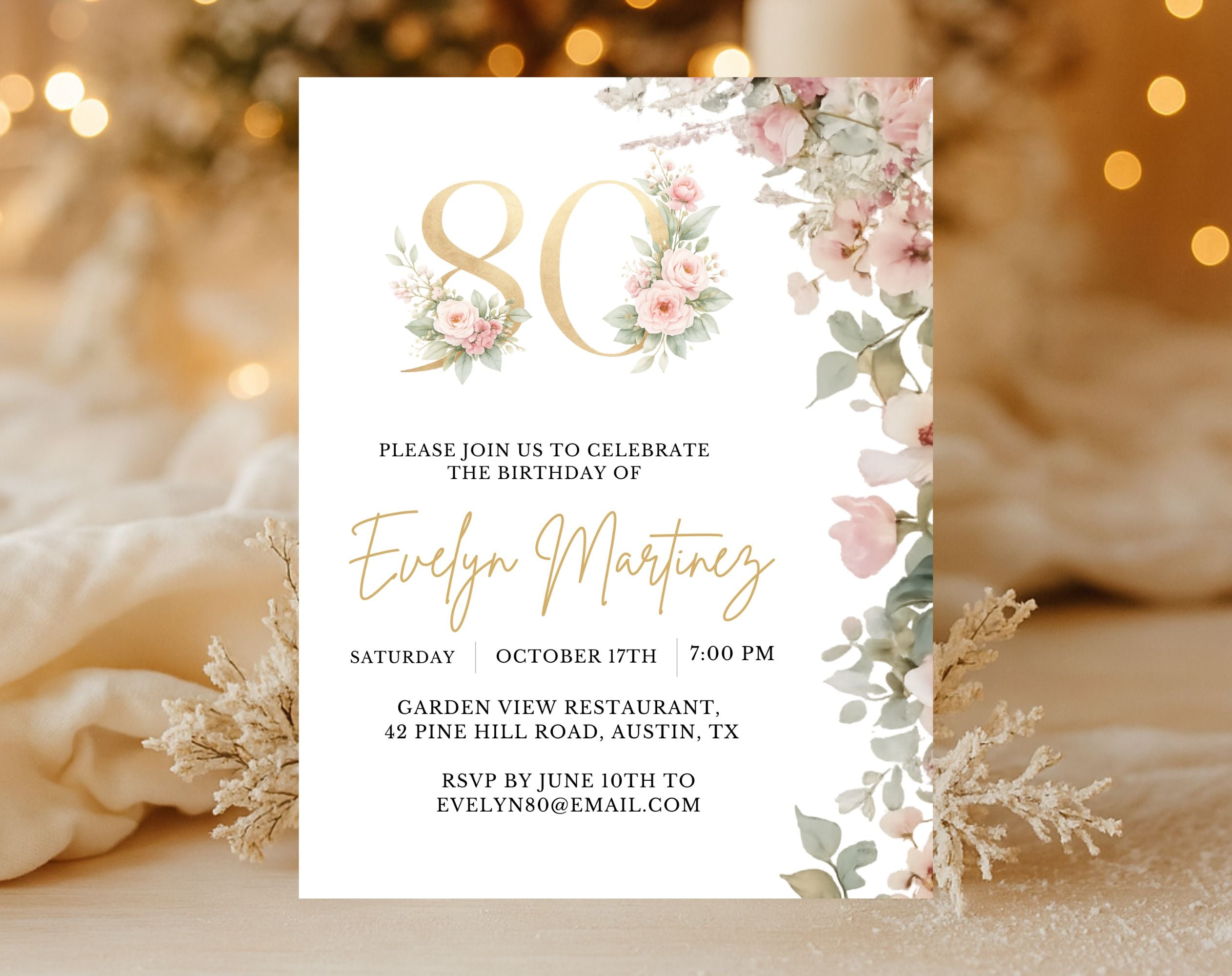 Floral 80th Birthday Invitation