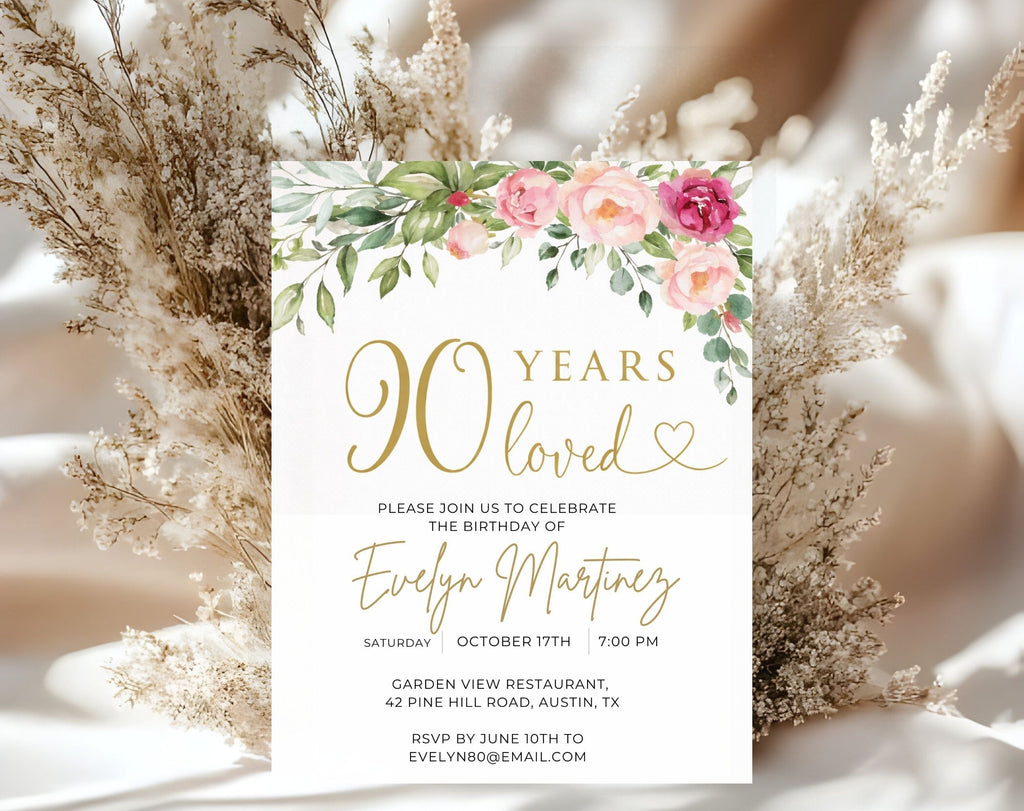 Gold Floral 90th Birthday Invitation