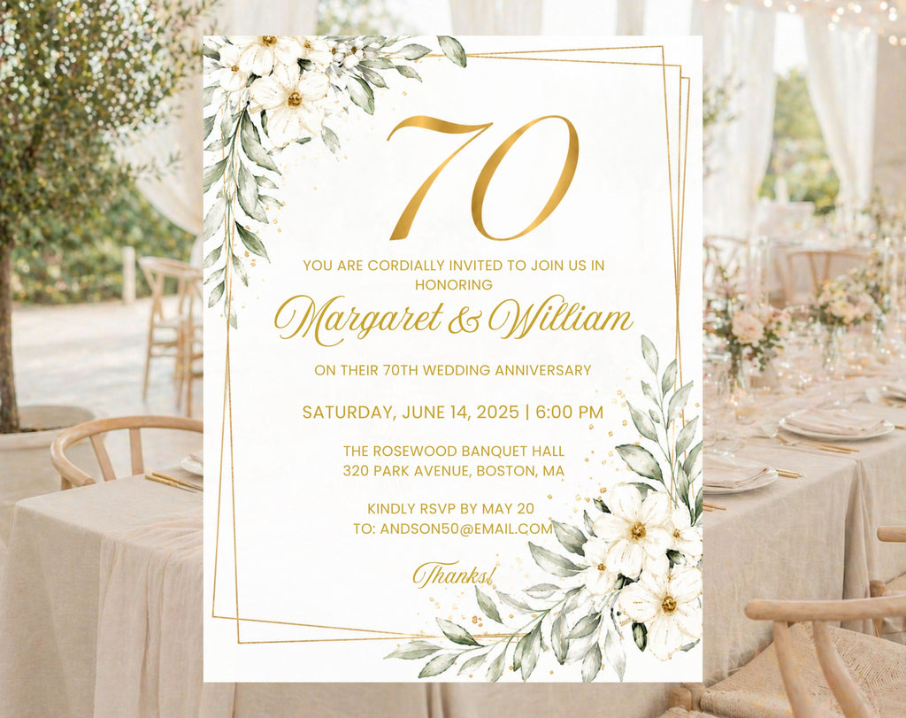 White Gold Floral 70th Wedding Anniversary Invitation