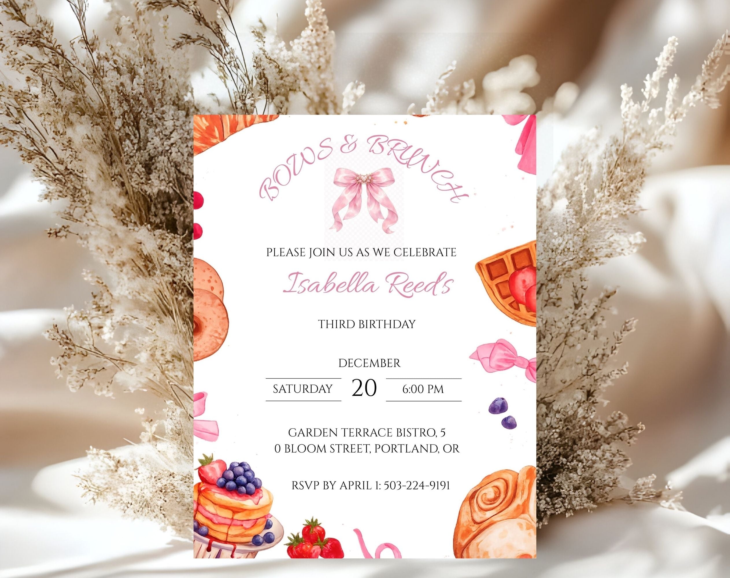 Pink Bows Brunch Birthday Invitation