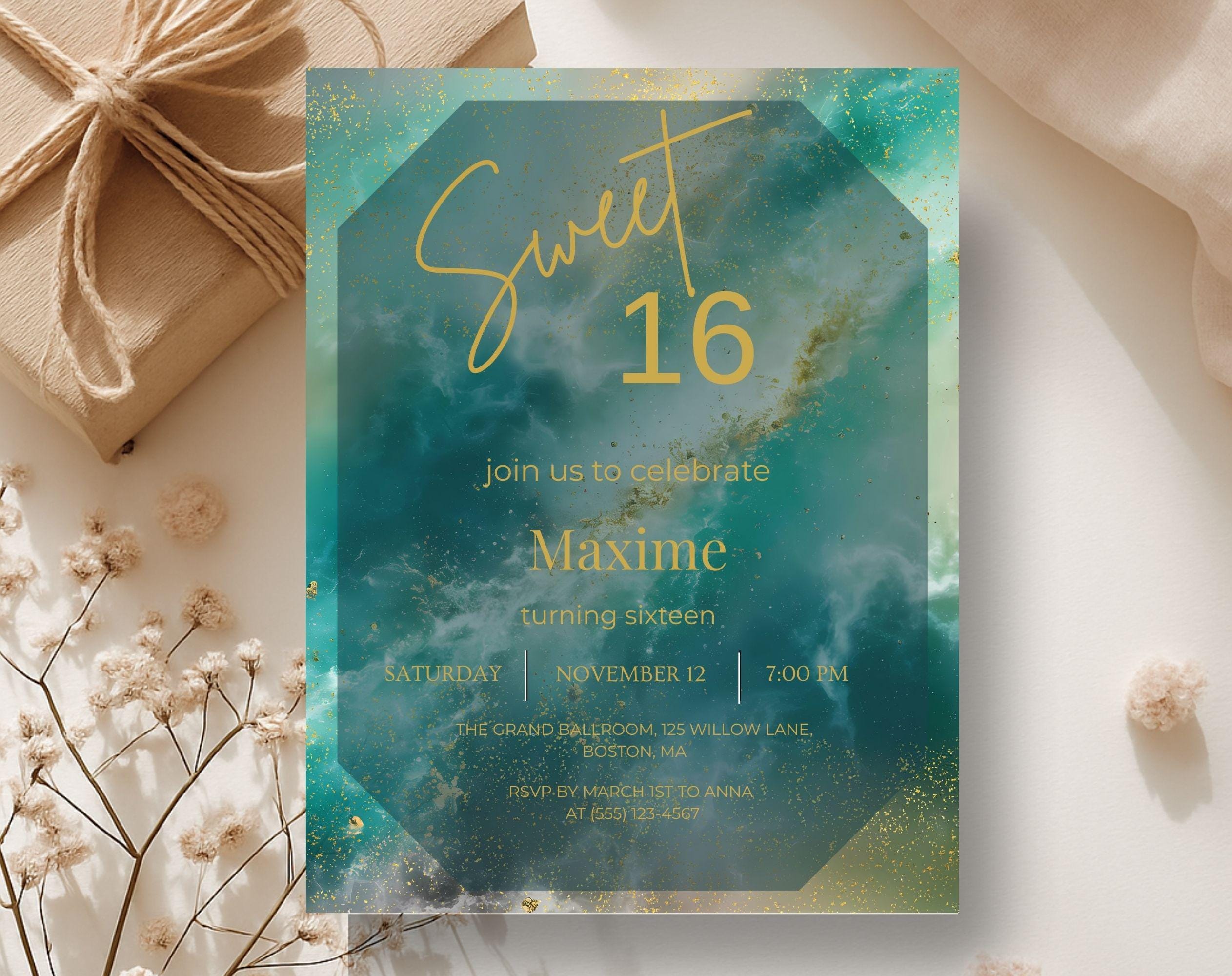 Gold Sweet 16 Birthday Invitation
