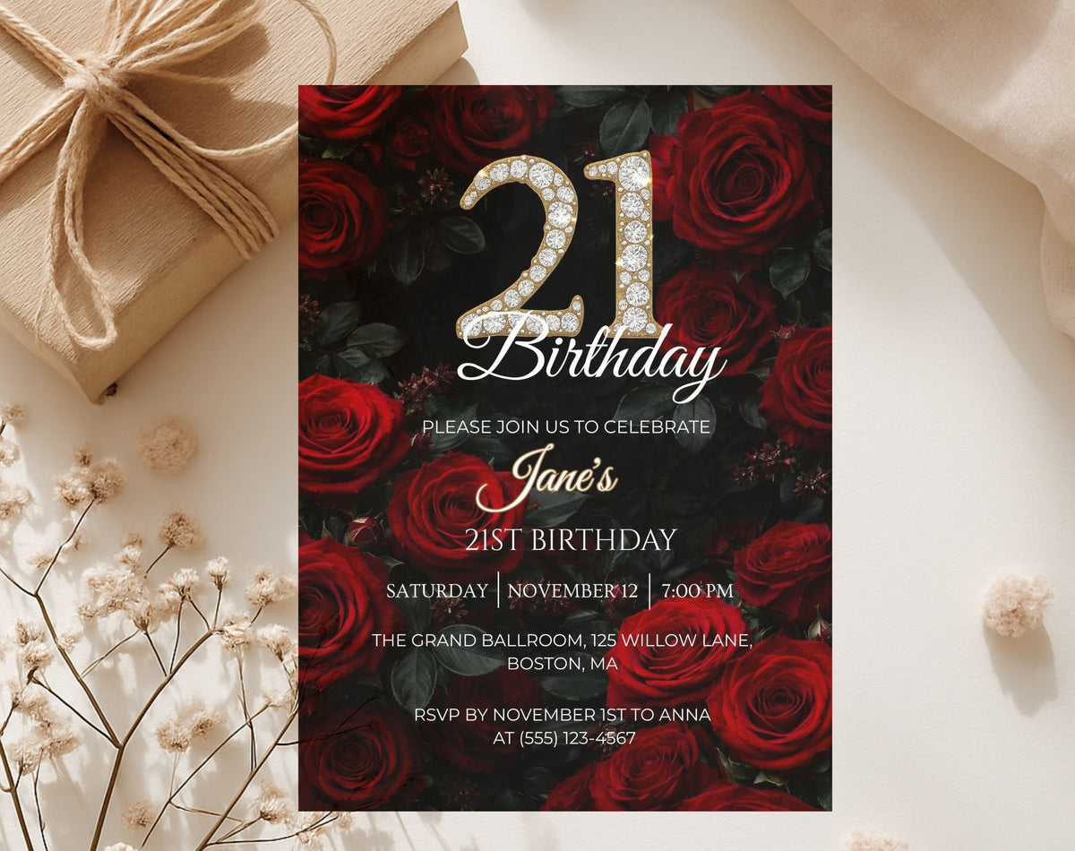 21st birthday invitation with red roses and gold details on a black background, luxury editable Canva template
