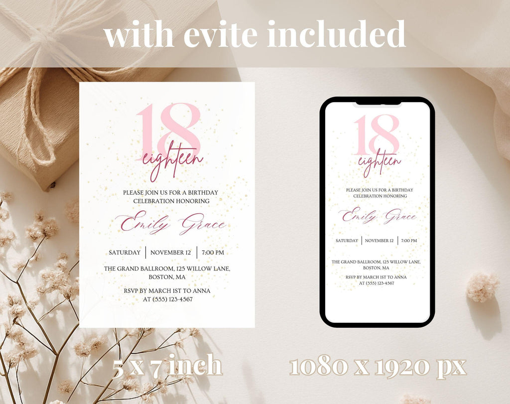 Pink & Gold Glitter 18th Birthday Invitation