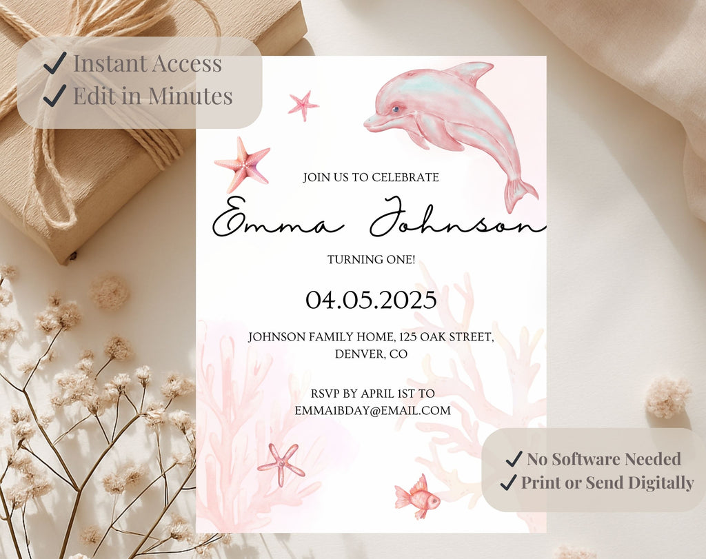 Pink Ocean first Birthday Invitation