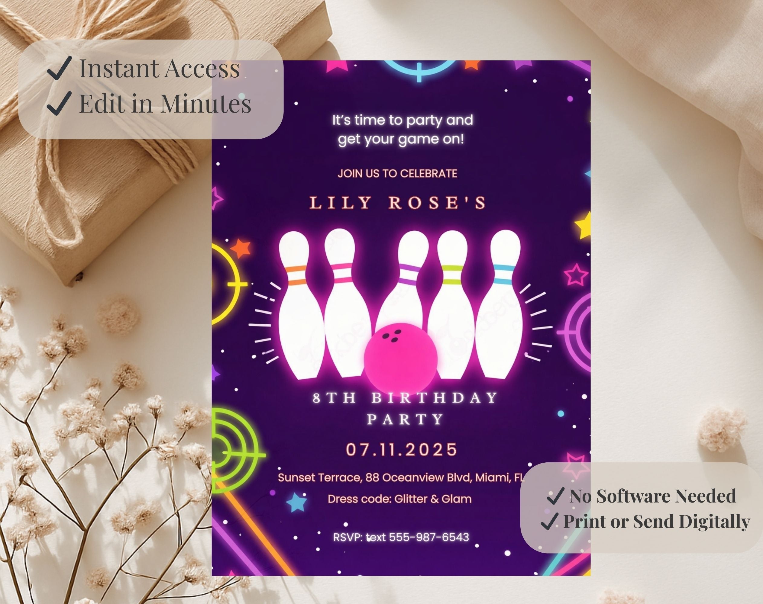Purple Neon Bowling 8th Birthday Invitation