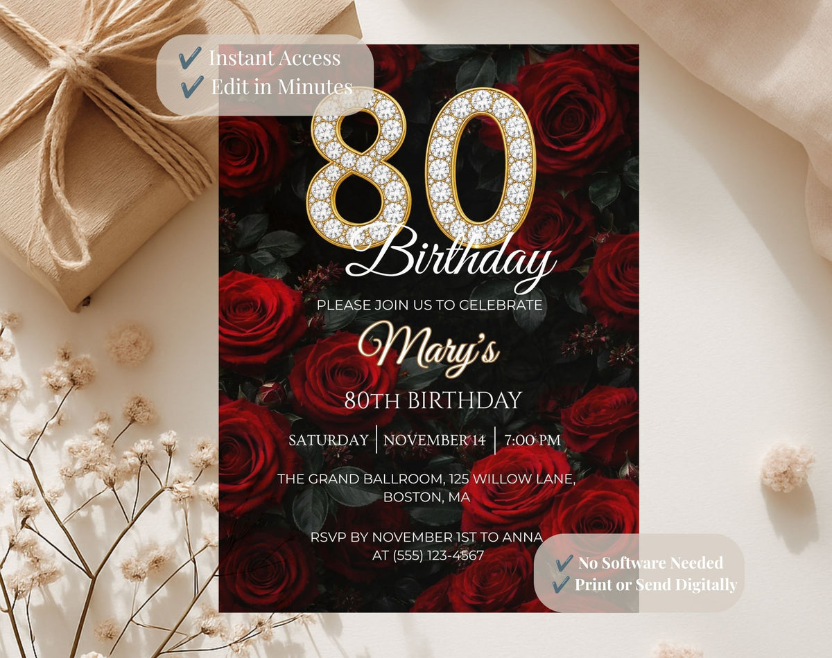 Luxury Red Rose 80th Birthday Invitation