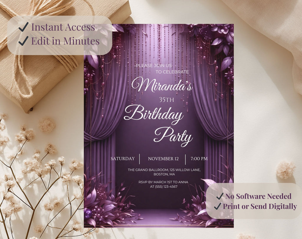 Luxury Purple 35th Birthday Invitation
